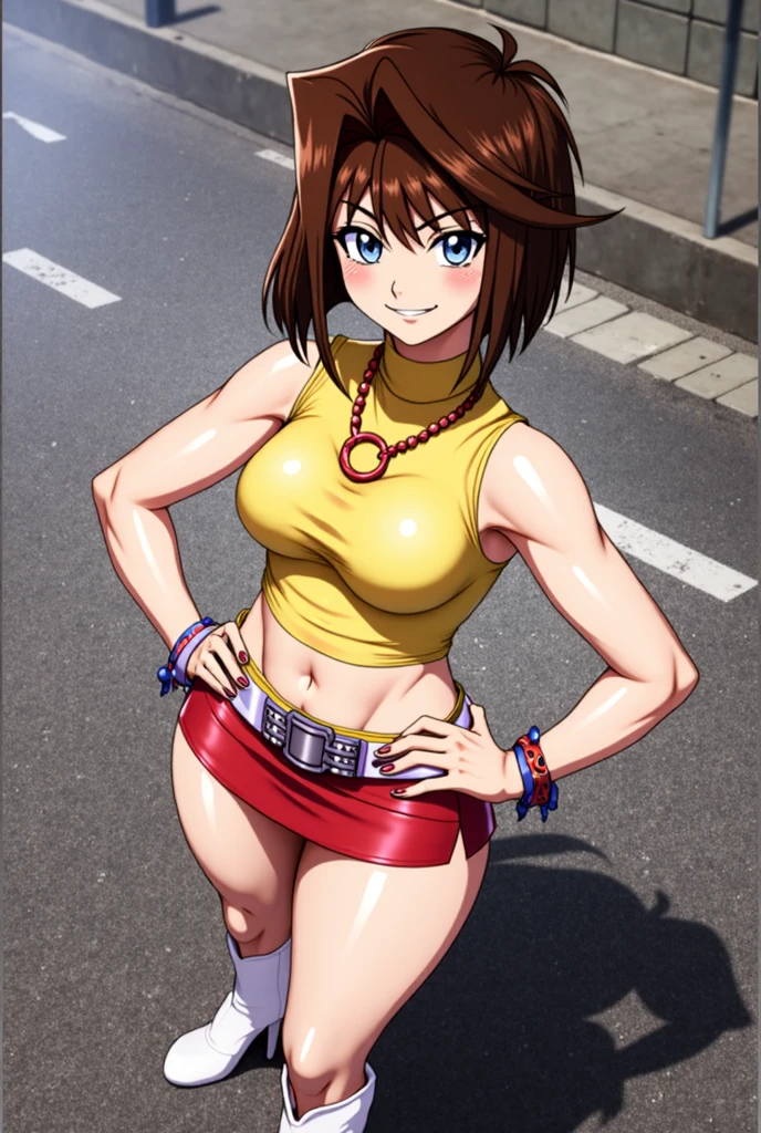 masterpiece, best quality, highres, 1girl, solo, superhero, leotard, blue and white leotard, bare legs, brown hair, short hair, brown eyes, hairband, medium hair, ribbon, boots, matching boots, blue boots, medium breasts, cowboy shot, standing, smile, city backdrop, haruhi suzumiya, kyoani haruhi style, sleeveless, blue sparkles,