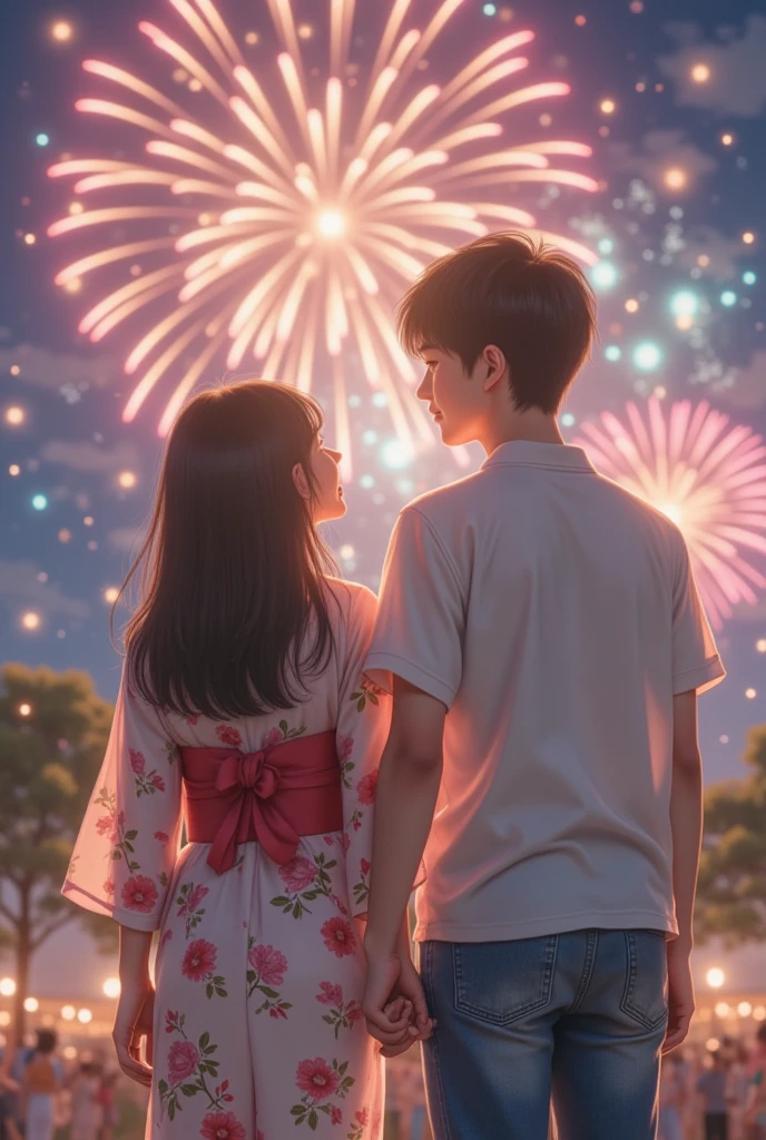 Watching fireworks with a girl you like、love confession、bathrobe、Rear view --auto