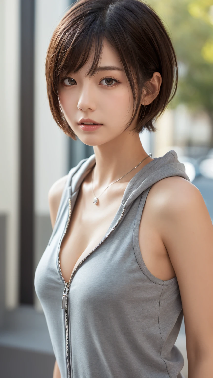 masterpiece, Highest quality, Very detailed, 8k, Realistic, One Girl, alone, Tomboy, Very detailed face, (head shot:1.5), Upper Body, silver pixie cut hair, She is wearing a short tank top and an open zippered hoodie., I can see her cleavage,Emphasise that you&#39;re not wearing a bra、Reaching into the pocket of a hoodie,Futuristic urban landscape