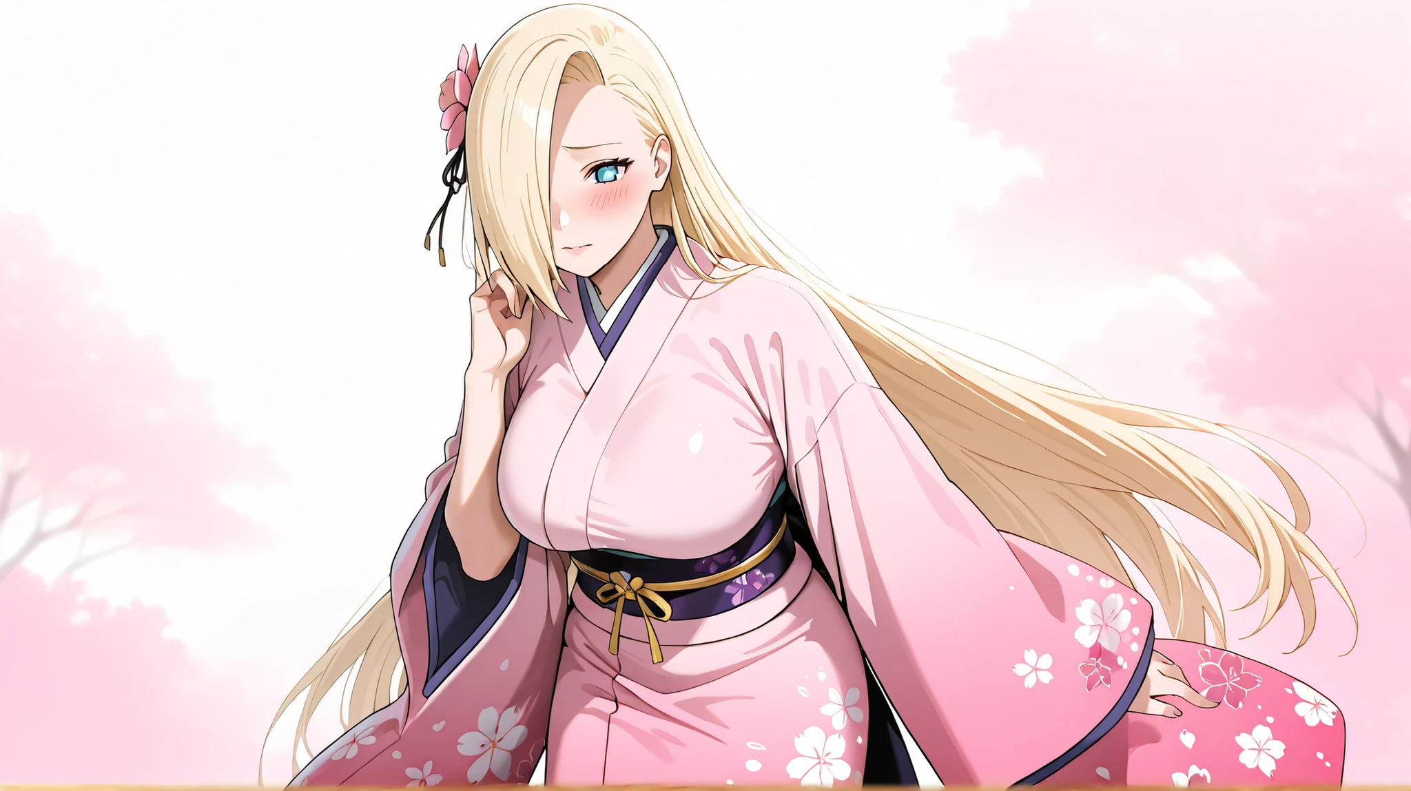 InoLongHairShipuuden, 1girl, blonde hair, hair over one eye, large breasts, blue eyes, cowboy shot,, japanese clothes, kimono, hair ornament, blush, hair flower, pink kimono, sash, obi, floral print, wide sleeves