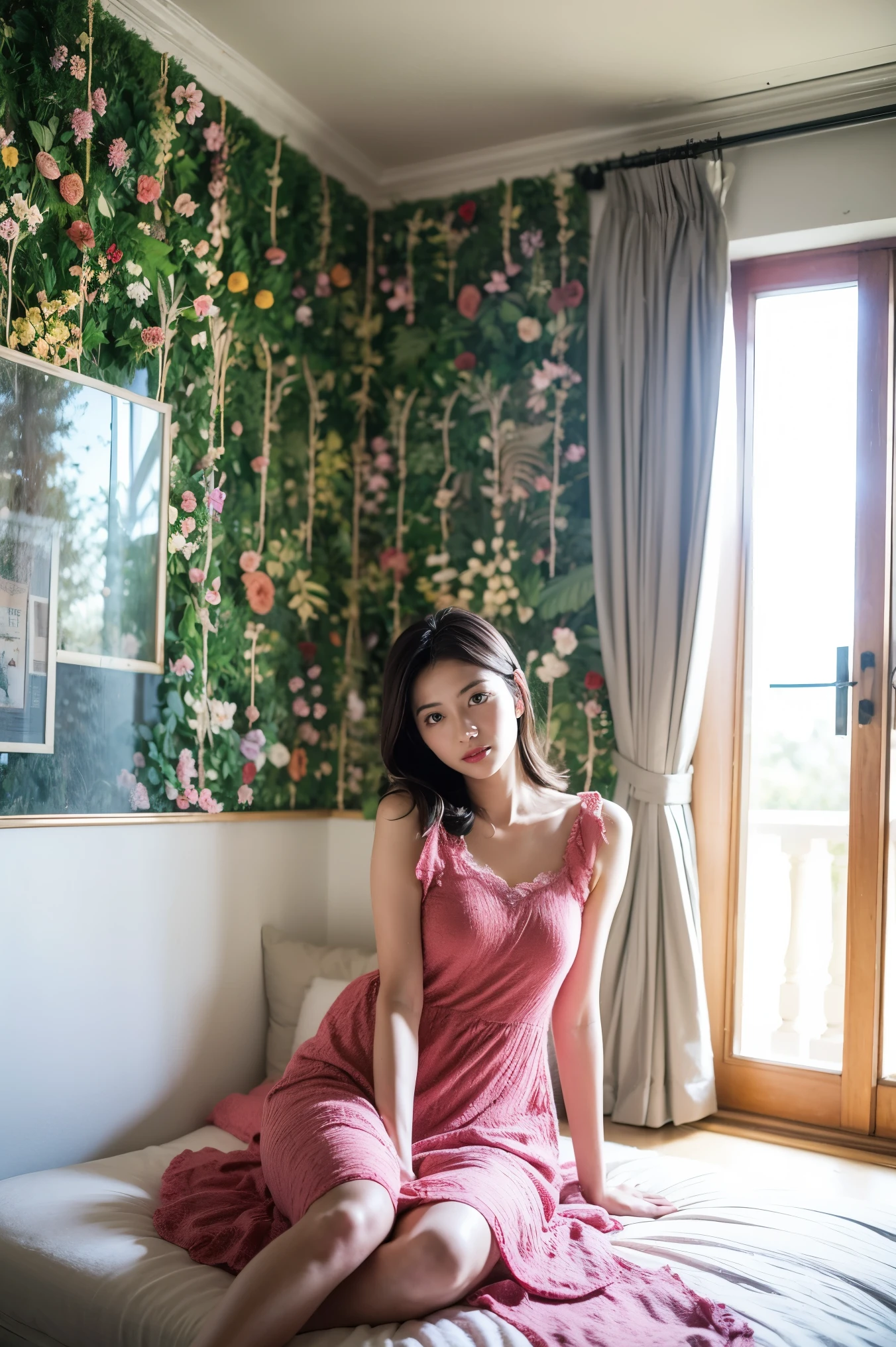 realistic pictures, beautiful woman in silya room. ,Flower Garden