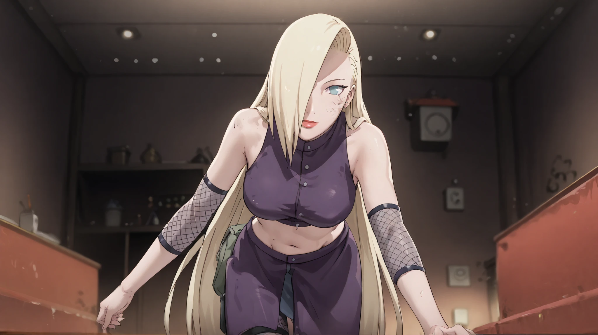 Very Very Beautiful Girl Who Came to Clean a Dirty Dirty Room、 Trash Scattered in the Dark Room 、 Big Breast 、seductive face 、bent over on a bed、 Dark Room、It's a completely dark room and there are no lights, top view, ((close and lift your legs)), InoLongHairShipuuden, 1girl, midriff, blonde hair, hair over one eye, large breasts, fishnets, blue eyes, crop top, bare shoulders, navel, skirt, groin, cowboy shot