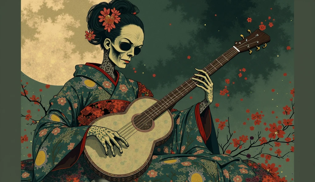 A female skeleton with long hair wearing a gorgeous kimono, Light pink lens sunglasses, Katsushika Hokusai, Ink Painting, Japanese style headphones, Playing the bass guitar, Modern ukiyo-e style, Red Eyes