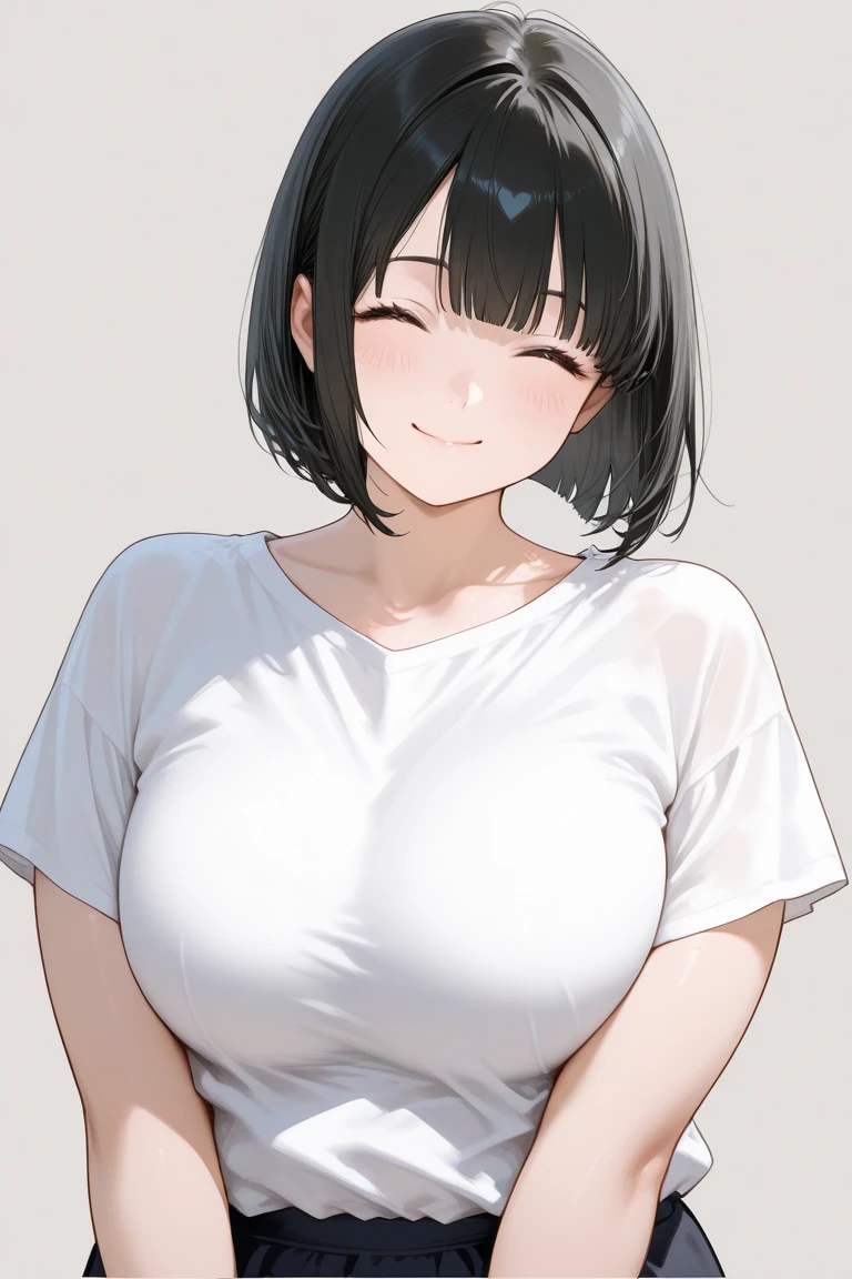 ((masterpiece)), (Highest quality), (detailed), (1 Girl),White cropped camisole,Red eyes,Black Hair、Huge breasts、Very short hair、