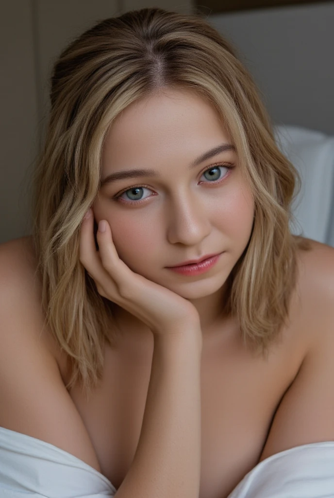 A photorealistic portrait of a 29 year old white Brazilian girl with long flowing yellow hair and dark blue green eyes. it must have a natural, smiling and accessible expression and be lit by the soft golden light of the sun. The background should be an outdoor setting at the beach, perhaps a swimming pool or gym. Capture this image with high-resolution photography using an 85mm lens for a flattering perspective.