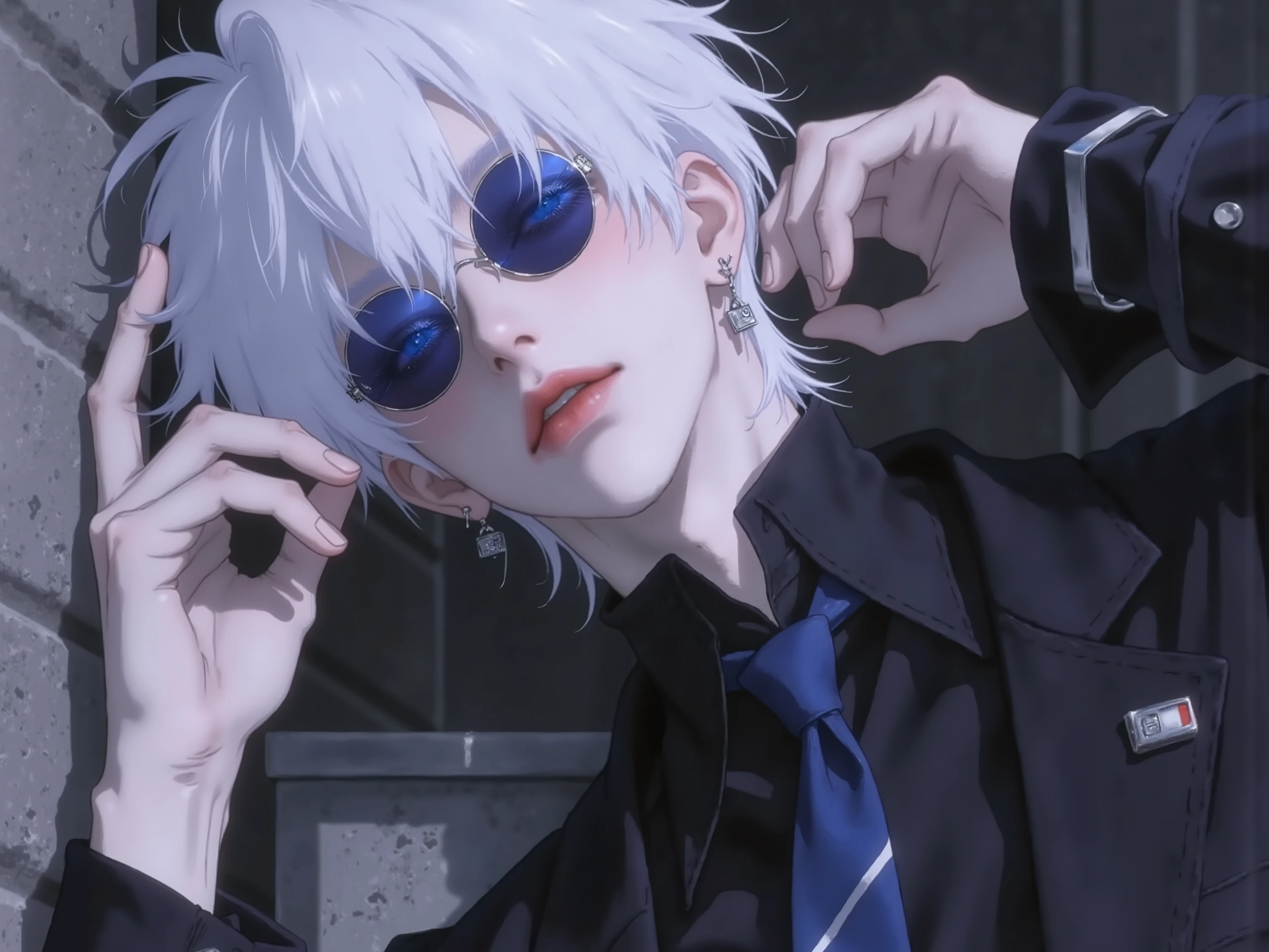 ((점수_9,점수_8_위로)), GOJO SATURO, An anime-style white-haired man in a black uniform, leaning against a wall with blue sunglasses on, relaxed pose, anime, upper body