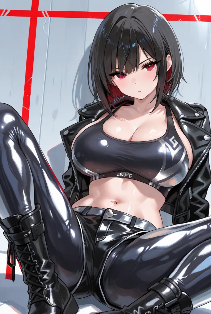 high quality, detailed, Realistic, (22 years old japanese black girl), (detailed brown eyes:1.2), (abs:1.5), (deep dark skin), (detailed areola), black bob hair, (black tiny thong), spread legs, leather crossed harness, leather collar, dungeon,