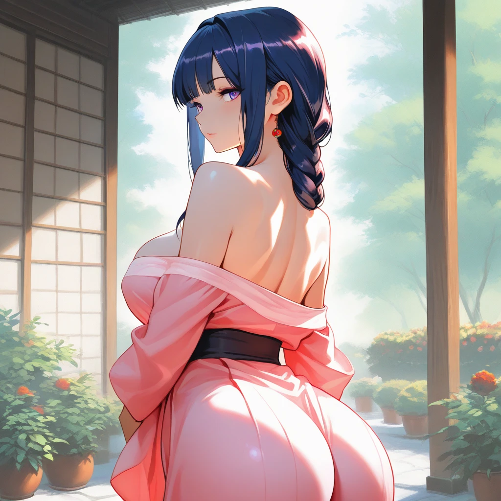 (masterpiece:1.3),(highly detailed:1.3),(highres:1.1),best quality,Ultra-detail,1girl,solo,jelochie,japanese clothes,purple kimono,ass peek,looking at viewer,smile,<lora:chie_futabu:1>,