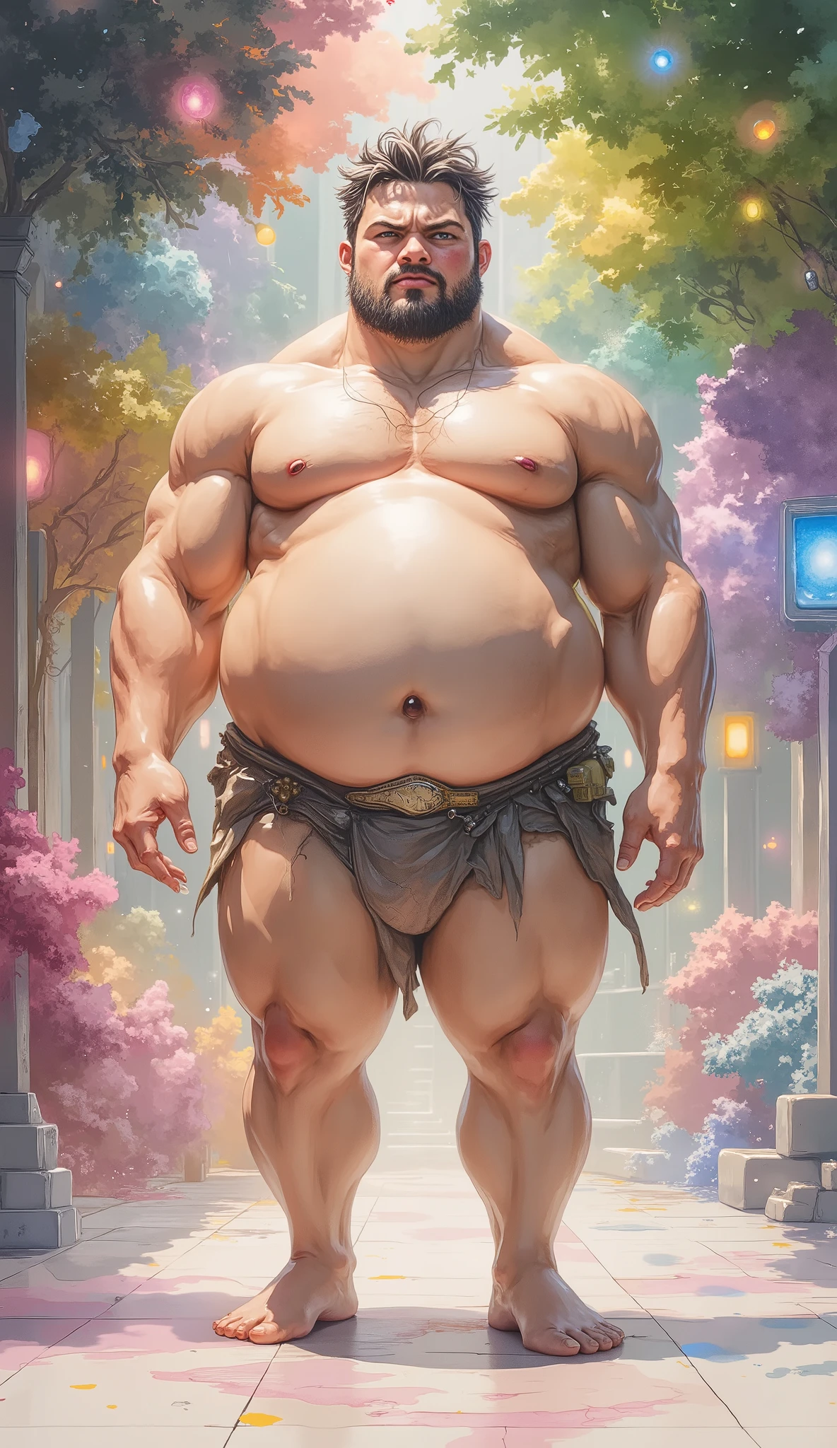 A handsome Asian actor，30 years old，Tall and handsome, Toned body，short hair, O-Shaped Beard，Perfect body, Dark and shiny skin，Smooth skin，The body is hairless，Muscle bulge, Muscular, Very large pectoral muscles，Very sexy abdominal muscles，Very well-developed leg muscles，Huge concave and convex area，Brightens oily skin，Wearing a gold leather shiny thong，Handsome face， Correct and accurate male body proportions, Ultra-high-definition 4K picture quality。