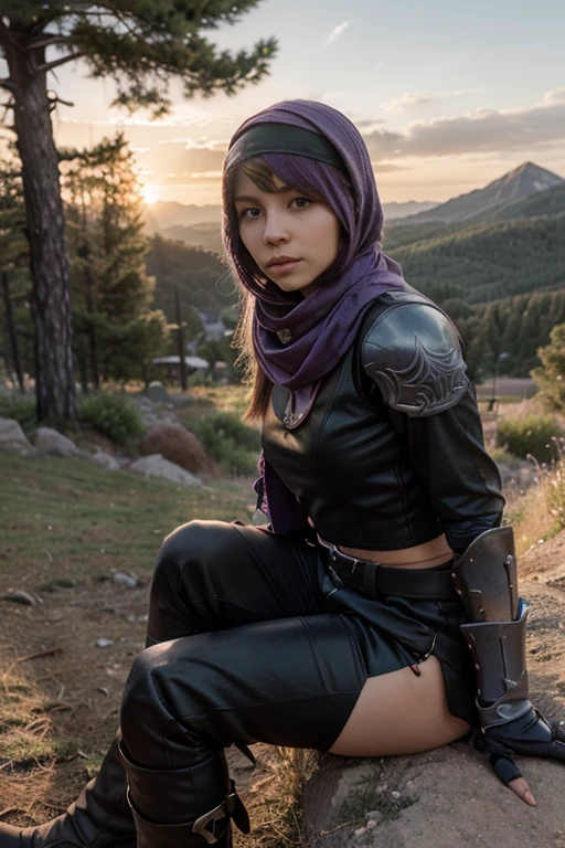 1girl, 1boy, (best quality, beruka, gauntlets), armor, purple scarf, black gloves, pants, boots, bandana on the head, sitting, in front, trees, mountain, beautiful scenery in the background, soft sunset, subtle reflections on the ground.