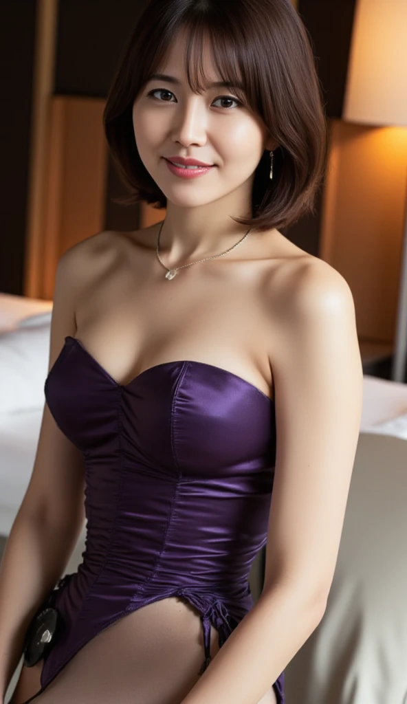 best quality, High resolution, Hires, skin definition, detailed skin, detailed eyes, detailed face, 4K, 日本人mature woman, ((solo)), (((60 years old))), (wrinkles at the corners of the eyes:1.6), (nasolabial folds:1.7), mature woman, sex appeal, sexy, fair skin, ((short hair)), Looking at Viewer,(((old skin))), ((loose muscles)), (((very large breasts:1.28))), ((loose breasts)), (flaccid butt), ((japanese model)), 4K, (photoReality:1.5), Reality, ticker, Beautiful, Bimbo, Perfect makeup, eye make up:1.6, small diamond necklace, earrings, (((purple satin dress, Panty stocking, Tight Skirt, high heels))), smile, Public place,full body photo,