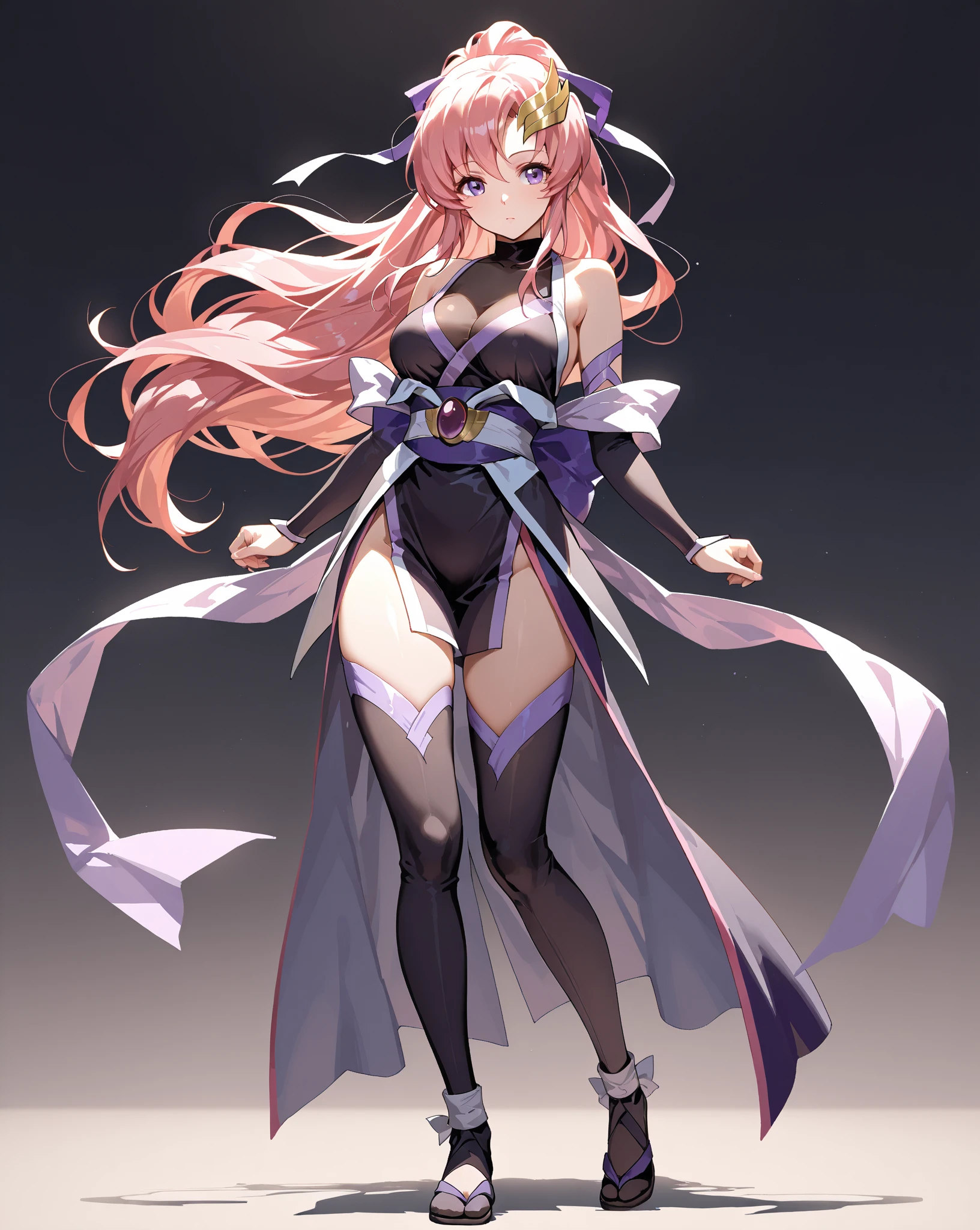 masterpiece, highest quality,beautiful eyes, beautiful hair, beautiful face, beautiful skin, solo, 1 girl, anime girl, curvy, beautiful breasts,shiny skin,shining eyes, smooth skin, soft skin, bare legs, high heels, embarrassed, (Purple and white bunny girl), (bare shoulder:1.3), erect nipples, High leg, full body