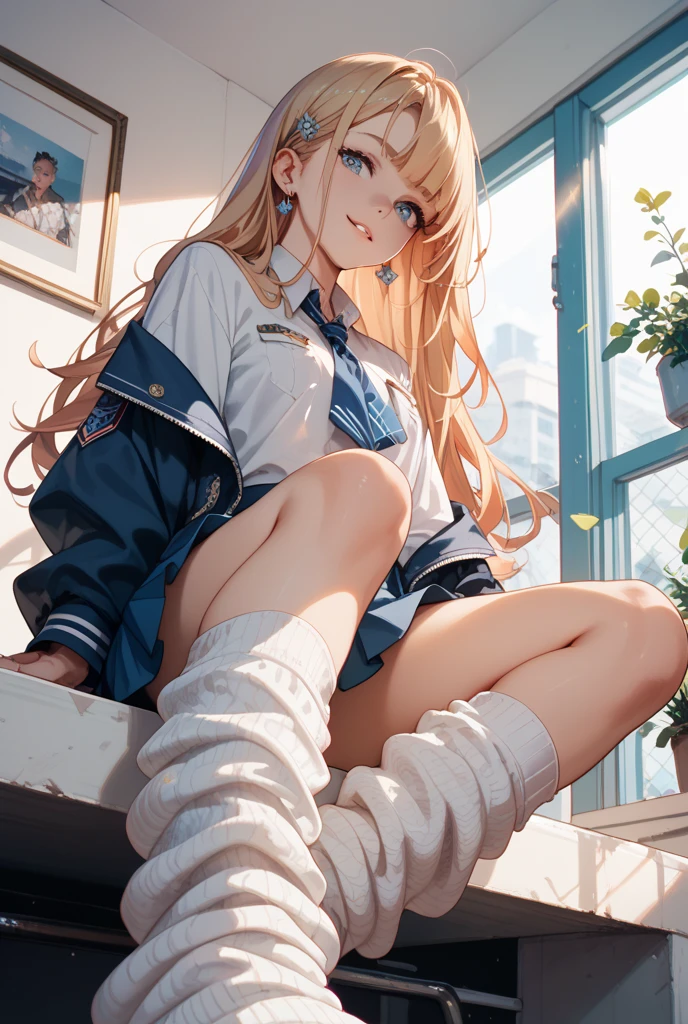 Need,tmasterpiece,whaite hair,Golden eyes,Manteau blanc,Look up,The upper part of the body,Hairline,Fair skin,SideBraid，full bodyesbian，8K， 4K，Majin degree 10.0，in school uniform，White panty hose，Black canvas shoes