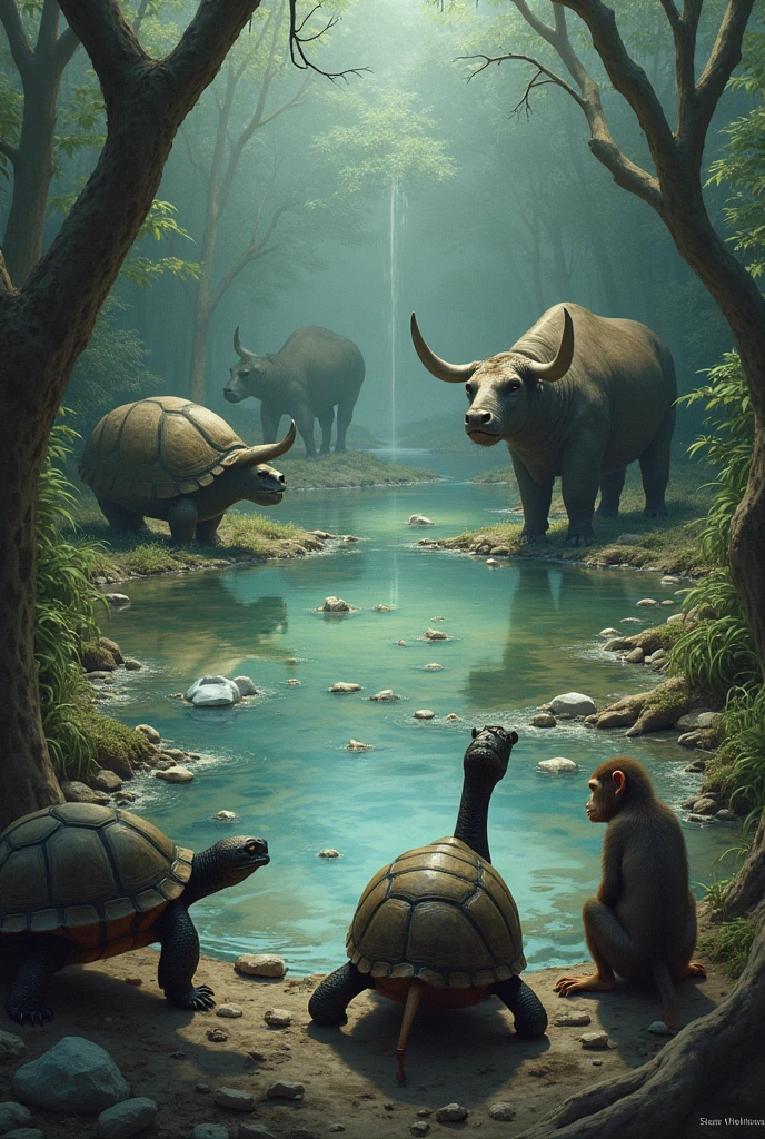 Show the monkey and buffalo talking in the lake. Use speech bubbles or animated lips to show their conversation. how the jungle with lush greenery turning into a dry and hot environment. Show other animals looking tired and thirsty.