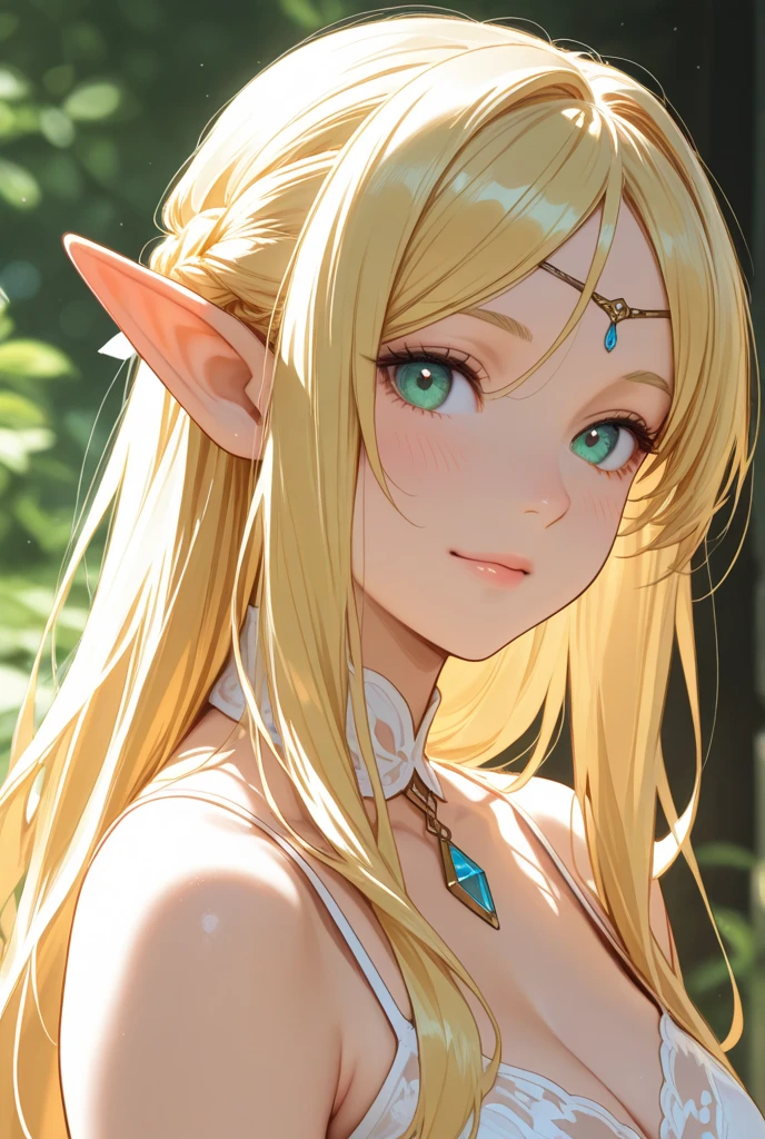 1 girl, Beautiful elf lady, blonde Long straight hair, upturn elf pointy ears, sexy figure, hot body, very beautiful face, detailed face, delicate eyes, detailed pupil, beautiful and delicate lips, blush, shy, heart, in love, white camisole long skirt, Simple and stylish, small crystal earrings, hand drawn animation, high detailed, outdoor, symmetrical clothes, best quality, masterpiece, retina,