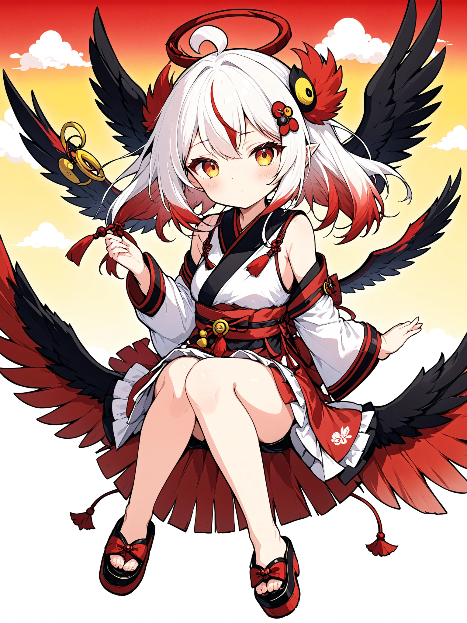 (anime:1.2),one girl、cute、Tengu girl、Sky Dog Decoration、tengu costume 、Tengu clogs、Tengu no Tsubasa、Red and black wings 、Red eyebrows、yellow porn、turime,boyish、red gradient on white hair