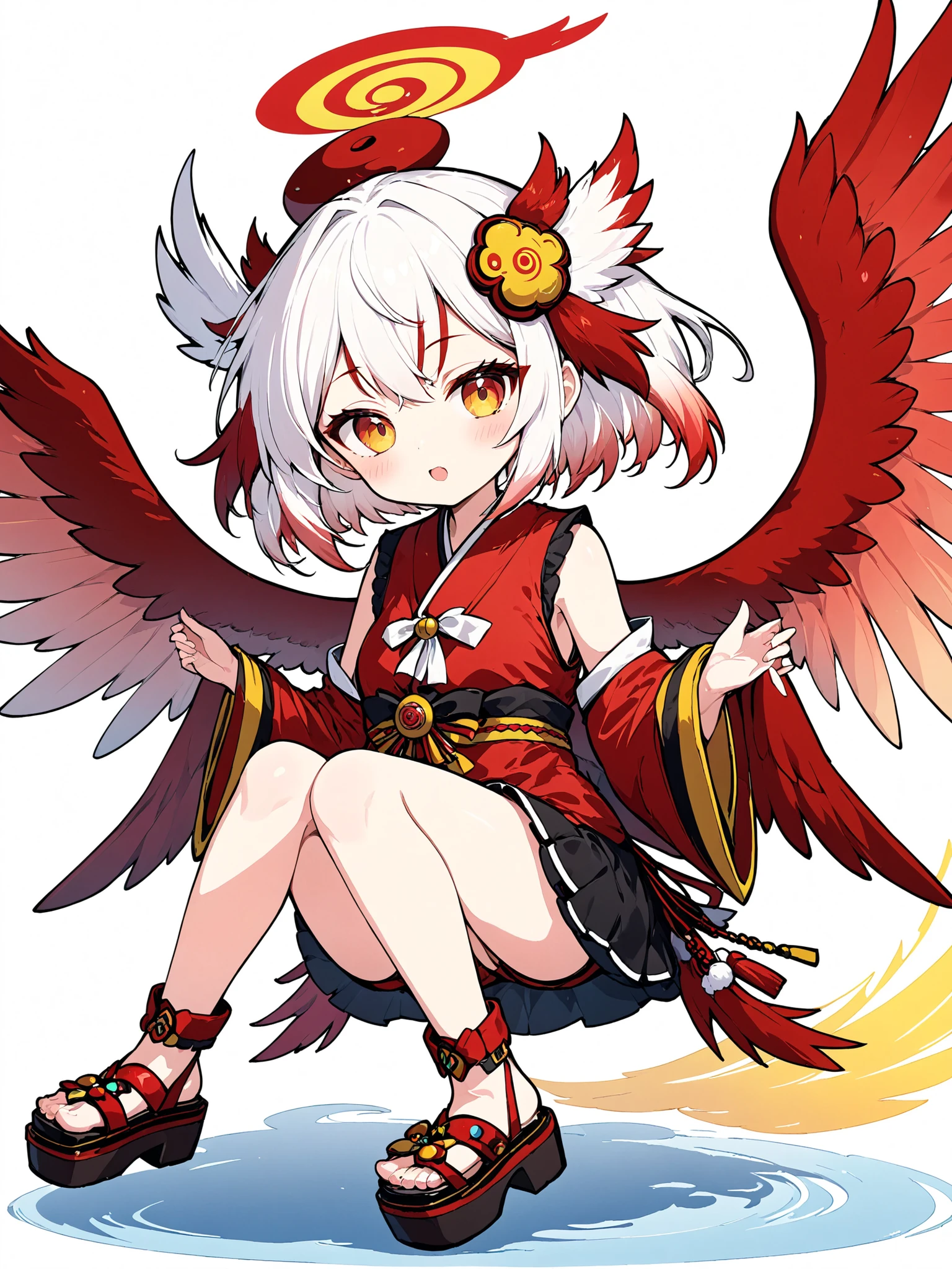 (anime:1.2),one girl、cute、Tengu girl、Sky Dog Decoration、tengu costume 、Tengu clogs、Tengu no Tsubasa、Red and black wings 、Red eyebrows、yellow porn、turime,boyish、Red Gradation on White Hair