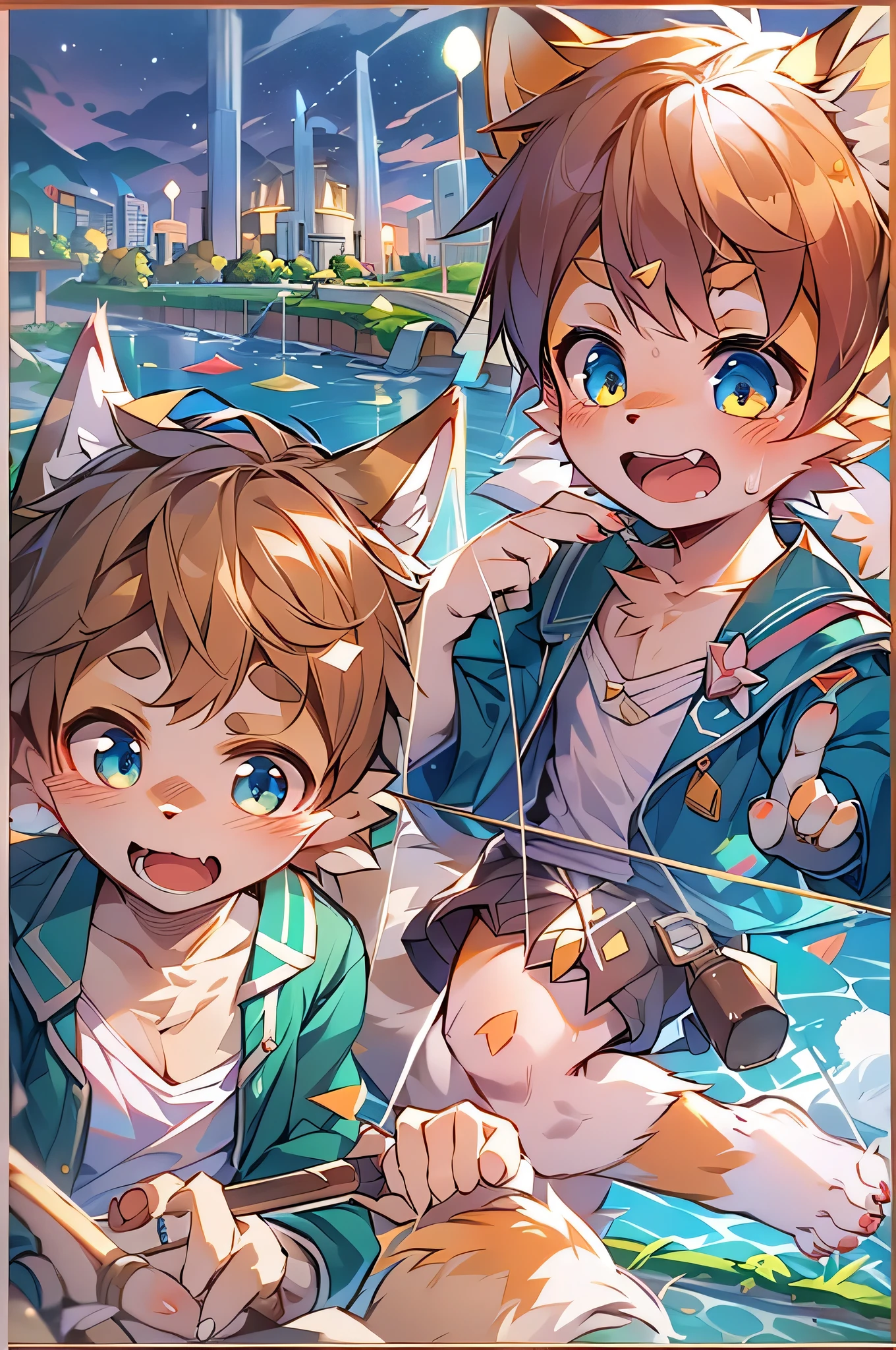 Delicate style,Delicate hook lines,delicate skin,fine hair,hairy的尾巴,exquisite eyes,blue eyes,white cat ears,hairy,blue eyes,Handsome,Lovely,Cat style,Shota,blue pupils, Poolside, Boys and Men,white fur,Topless,Short swimming trunks,leg rings,collar,individual,Water on the body