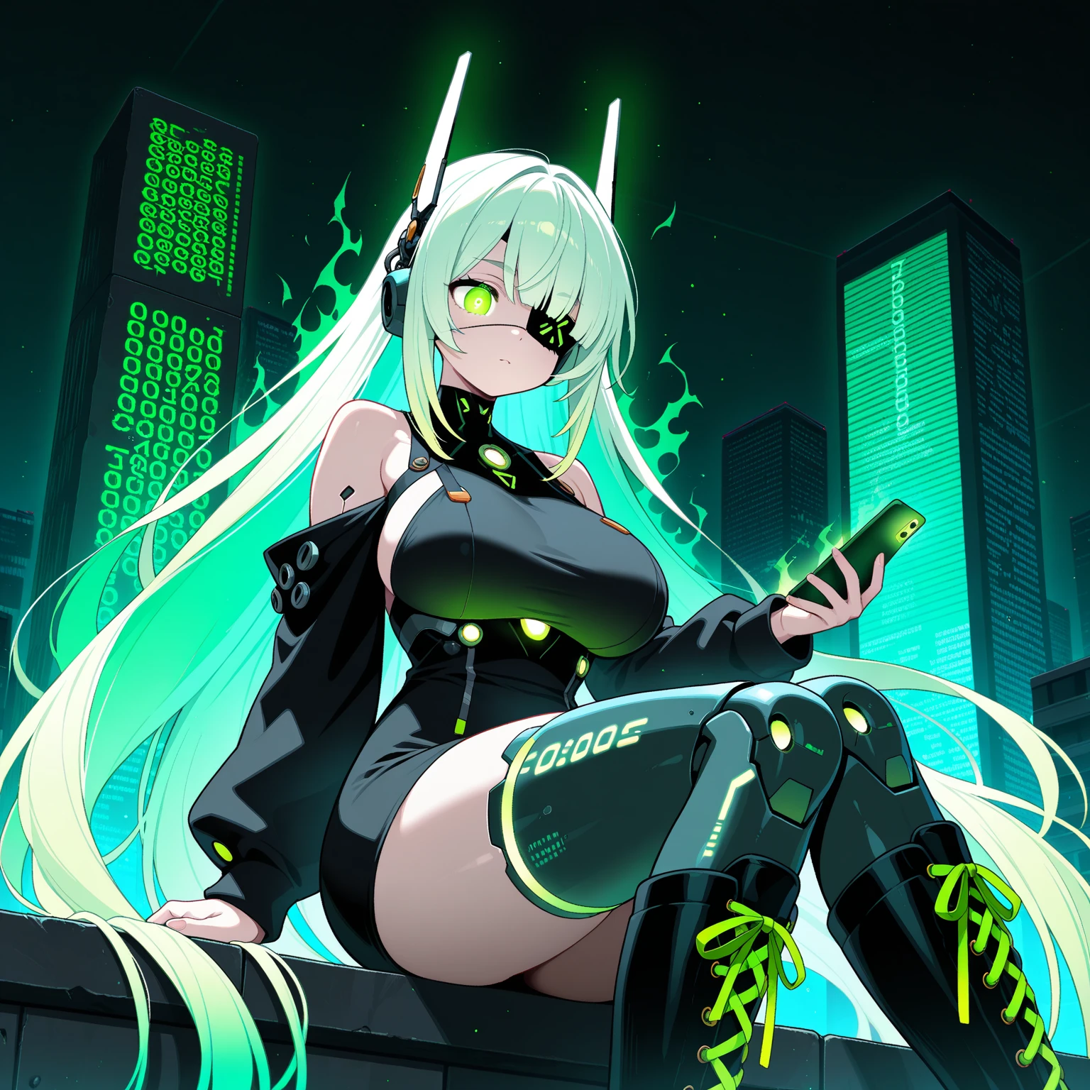 masterpiece, highest quality, Super detailed
1 girl, purple hair, twin tail hairstyle, Mirror Sunglasses, purple eyes, black leotard & black cargo pants, combat boots, assassin, Shuriken, she uses optical camouflage, smile, Hologram Body, digital cyberspace, computer virus, crack, matrix, immersive feeling, cyber punk, invade cyberspace, diving '(((latex suit)))', '((((((black leotard))))))', '(((black cargo pants)))', '((Purple Sunglasses))', '(((relaxed look)))', '(((crossed legs)))',
'(((floating feeling)))',
'((((green neon))))',
'((((confidential data))))', '((((glowing green cube))))', '((((illegal trade))))',
