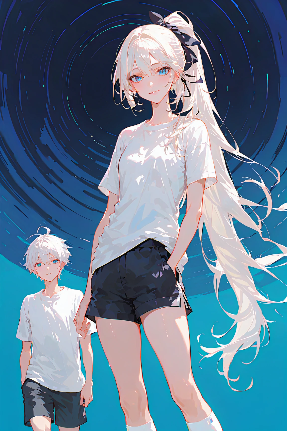 ((masutepiece)), (Professional Photography:1.2), (High Definition:1.3), Best Quality, (watercolor painting:1.3), wide shot, the beautiful concrete ground, (simple white background:1.10), pale blue, 2girl wear T-shirts, retreating figure, long blond hair and long black hair