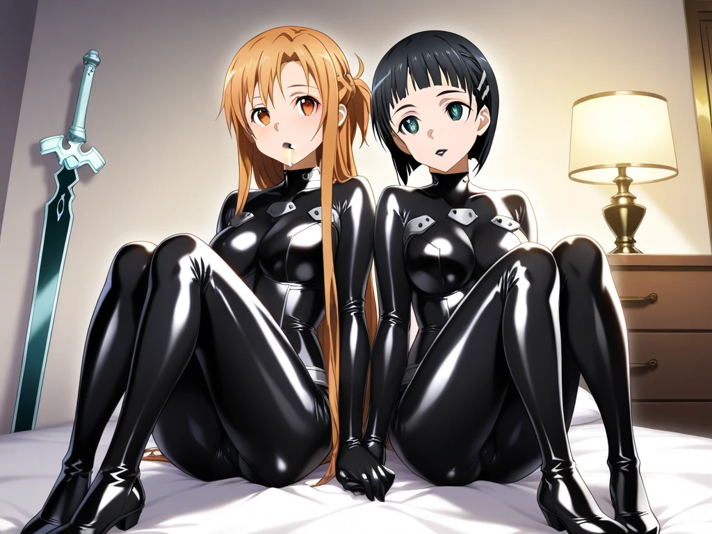 (masterpiece, best quality),
<lora:Concept_Latex:1.0>,
(2girls,latexconcept,Fashionable womans,(multiple girls:1.6),girls sandwich,cover girl,(side by side),face to face,(lesbian:1.6)),(lesbian party,Close friends),((yuri sex,erotic),pleasure),
(Orange latex bodysuit:1.8),skin tight,shiny clothes, shiny, covered navel,
(skinny body:1.3),
(Orange latex bodysuit:1.8),skin tight,shiny clothes, shiny, covered navel,
(contrapposto dynamic pose),speed action,danceer,(separated legs:1.66),(sitting,(raise one knee:1.6),M-legs),squatting,(perfect anatomy),
simple background, looking at viewer,