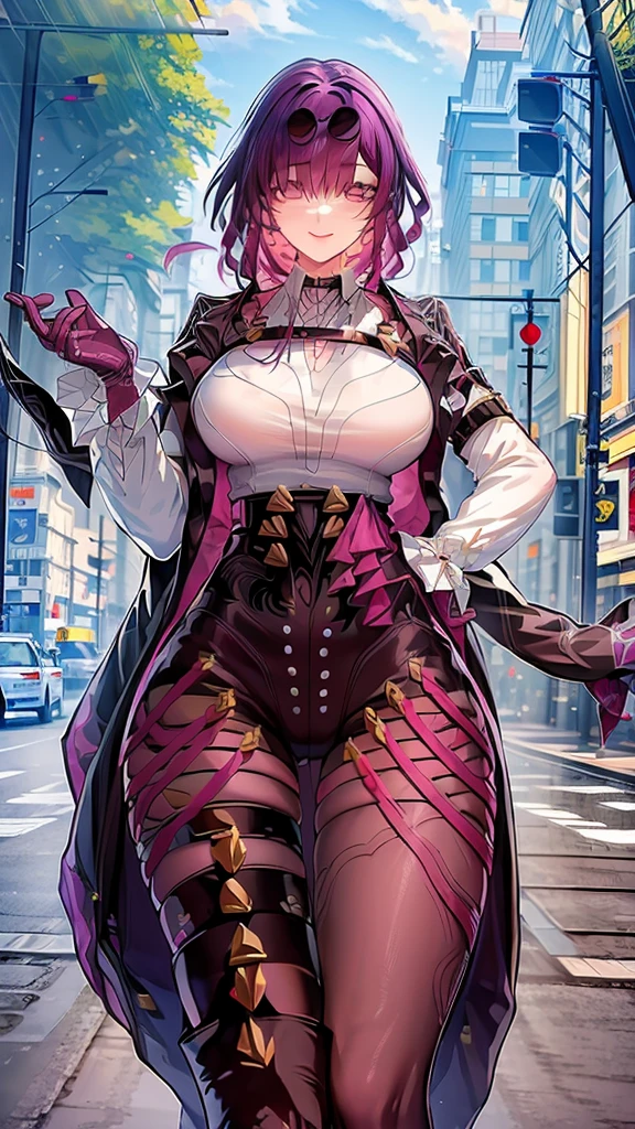 1girll,Gorgeous Hair in Long Purple,Purple jumpsuit,Tattooed with,There is a red cord around the waist,purple boots,Thigh leg rings,Left-handed katana,The right hand releases a purple energy glow,Hands full breasts, Convex buttocks, city ruins,holy rays,A desert,Detailed background, Clothing details, perfectly proportioned, filmgrain, Fuji colors, lightand shade contrast, tmasterpiece, high detal, high qulity, A high resolution, Cinematic lighting, 8K, Textured skin, Super detail