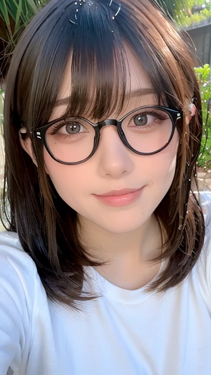 Beautiful and fair、Glowing Skin, 3 Up, nice, bright, Refreshing and gentle look, Perfect beautiful face、Beautiful shiny bangs, A very beautiful person, eyeliner, Very perfect eyes,Very large breasts,The original skin is visible through the grooves,Muscular body,Light Khaki Yoga Wear,Upper Body,Silver glasses