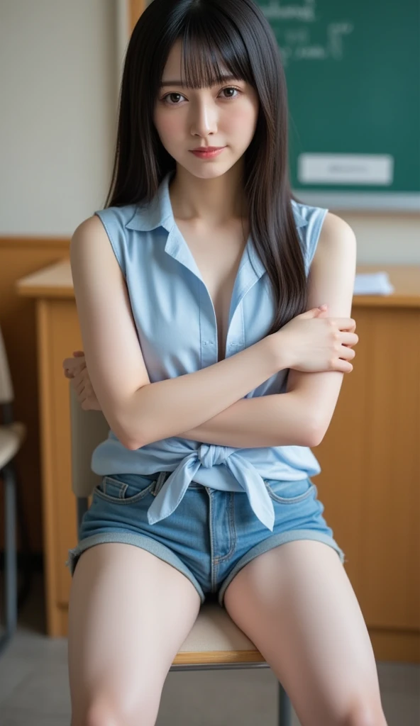 NSFW,4K,((Highest quality)),((masterpiece)),BREAK,((one girl)),(detailed),(in classroom),((One girl)),((perfect anatomy)),nsfw,((nude)),(naked),((12 years old)),((flat chest:1.6)),(stare at viewer with stern eyes:1.5),((one girl)),(bitting own lip:1.1),(angry:0.9),nose blush,(shamefull:1.2),(bob cut hair),(beautiful hair),surprised, ((beautiful realistic face)),((skinny:1.3)),Beautiful Korean Women, Beautiful young Korean woman, Young and adorable Korean face, Gorgeous Young Korean Woman, Korean Girls, Girl cute beautiful face, Portraits of Korean female idols, Young and pretty Asian face, Cute natural anime face,Asian pretty face,((finely detailed face)),((glistening eyes)),((glistening eyes )),((large eyes)),(( pretty eyes)),(detailed),Perfect Face,((One girl)), ((clear eyes)),((show nipples)),((beautiful skin)),((A bow tie)), don't wear anything ,(upper body),(Equal left and right eyes), (nsfw:1.5),(show nipples),(don't wear anything),(nipples facing upwards),