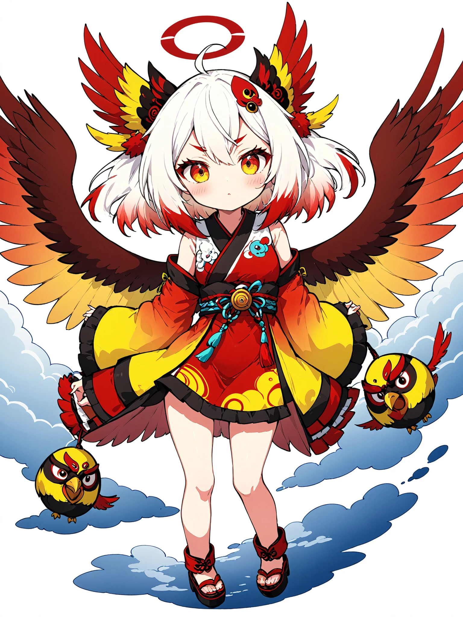 (anime:1.2),one girl、cute、Tengu girl、Sky Dog Decoration、tengu costume 、Tengu clogs、Tengu no Tsubasa、Red and black wings 、Red eyebrows、yellow porn、turime,boyish、Red Gradation on White Hair