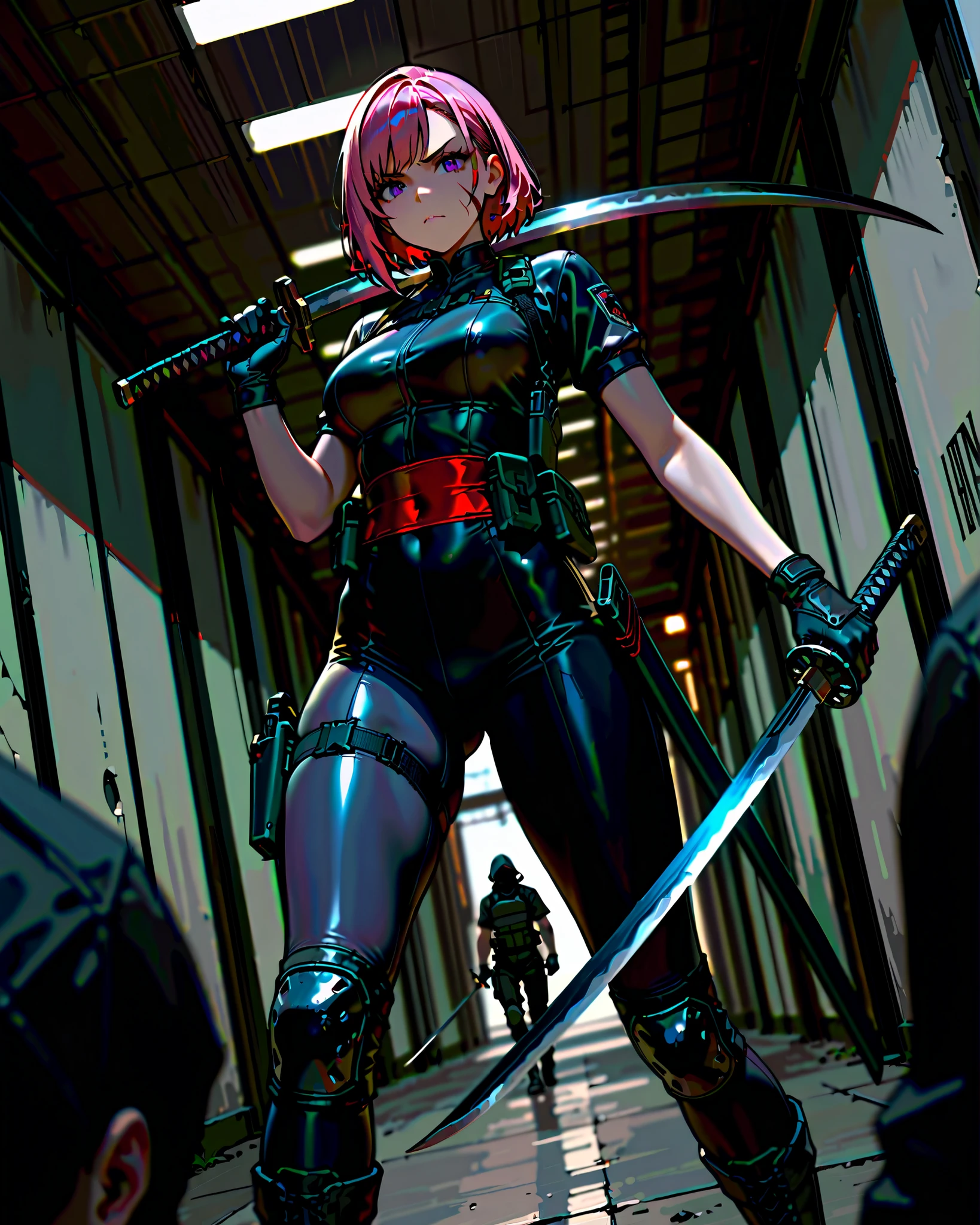 masterpiece, highest quality, 8k, solo, solo focus, highly detailed, (perfect face:1.1), (high detail:1.1), 1girl, ninja, mercenary, (holstered sword:1.2, katana:1.2) pink hair with red streaks, short hair, side-swept bangs, purple eyes, facial scar on right-side check, v-shaped eyebrows, furious expression, black bodysuit, midriff cutout, red sash on waist, short sleeves, black combat boots, black tactical gloves, tactical gear, knee pads, (holding scythe, shiny steel blade), hi tech building, indoors, depth of field, dutch angle, perspective, action illustration.