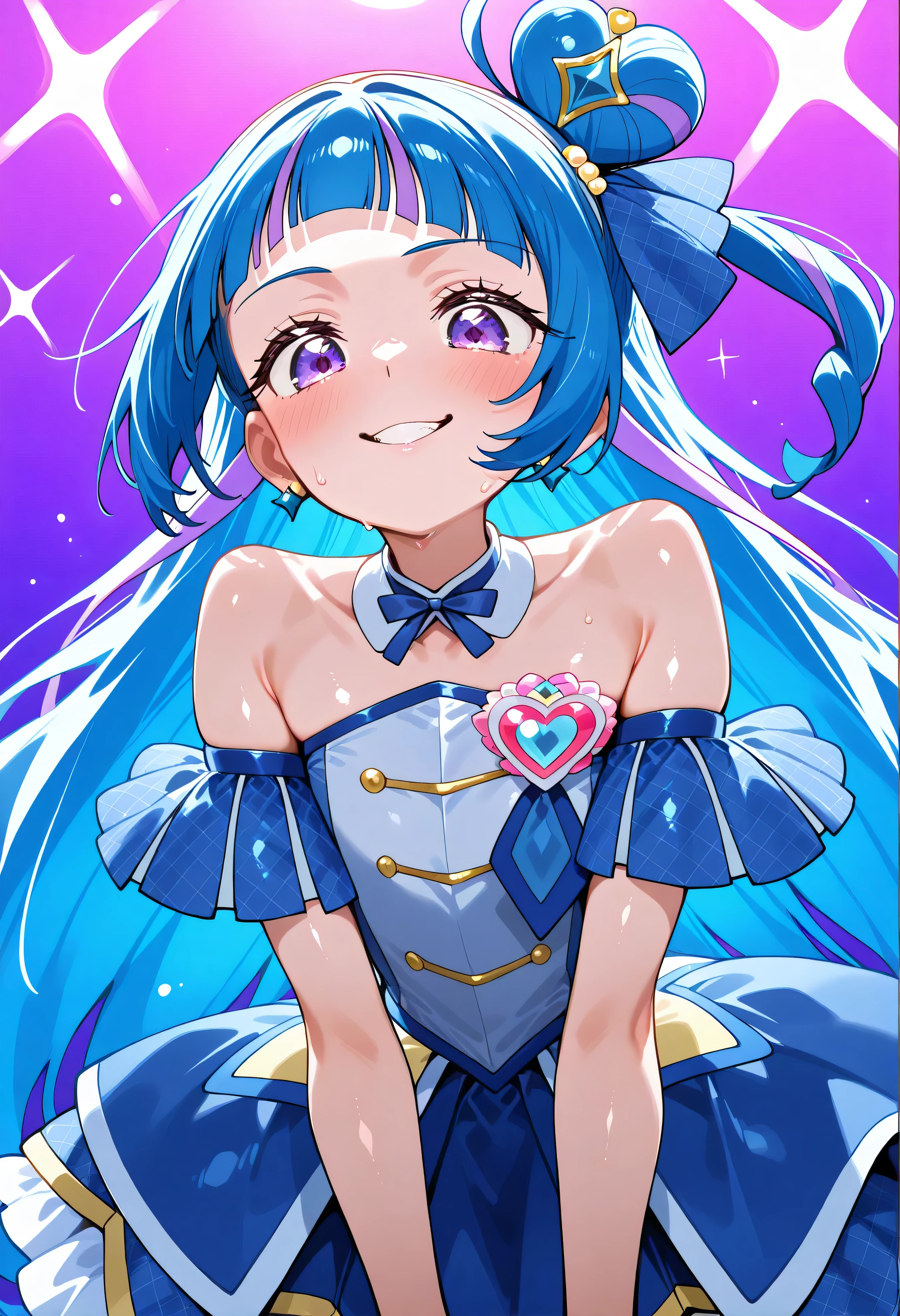 、 Look Down、from below、 break、Cure Wink、cure winks 、Idol Kimi and Idol Pretty Cure Blue Hair、Magical Girl、 mini crowns、purple eyes, blue dress ,slanted hat,very long hair,Dull bangs,bare shoulder,headband,,,nsfw,evil smile、shiny skin NSFW,lewd,最高品質,非常に詳細な画像,シングル,1人の少女