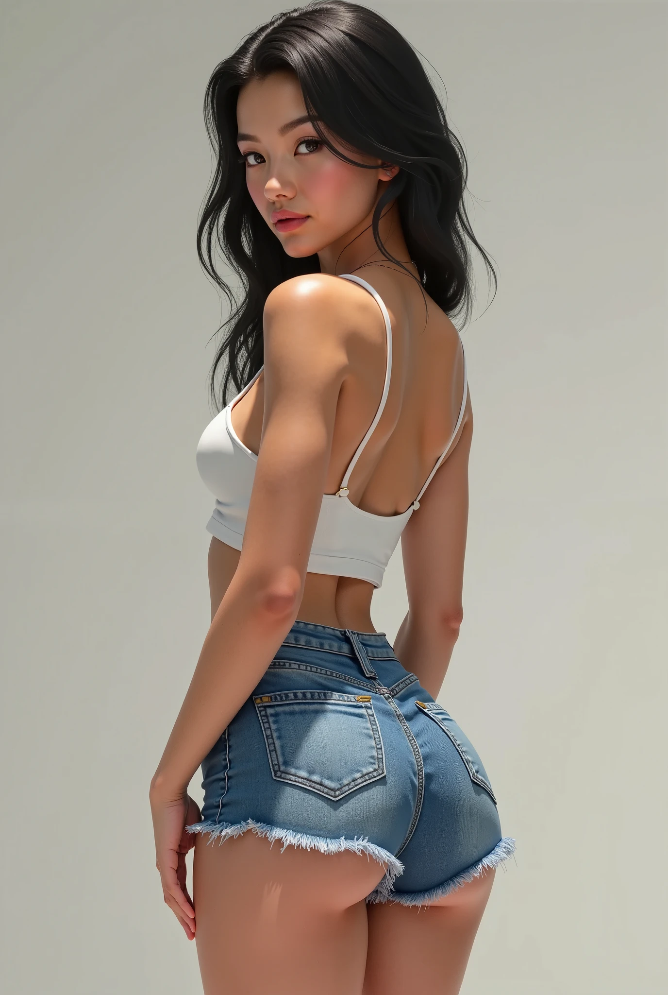 Young beautiful woman wearing white thong g-string made of denim fabric. flat chested. denim fabric stockings. perfect vertical ass. long braids. facing back towards the sun