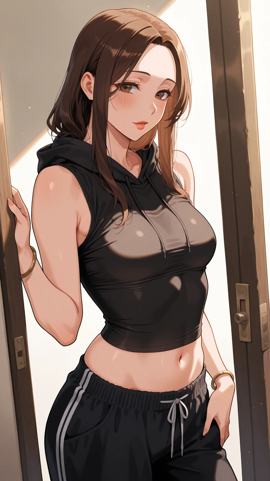 masterpiece, best quality,8k wallpaper, from side,(kunikida hanamaru:0.999), (long hair:0.888), (breasts:0.878), (brown hair:0.875) ,(large breasts:1.0) ,cowboy shot, standing, (blushing:1.2), latex gym pants, fibric crop top, (sweating:1.3)