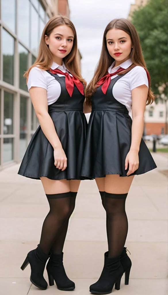 Show entire body, feet in view, 2 gorgeous curly redheads, smiling American school uniform, thigh high socks, fitting room, no shoes