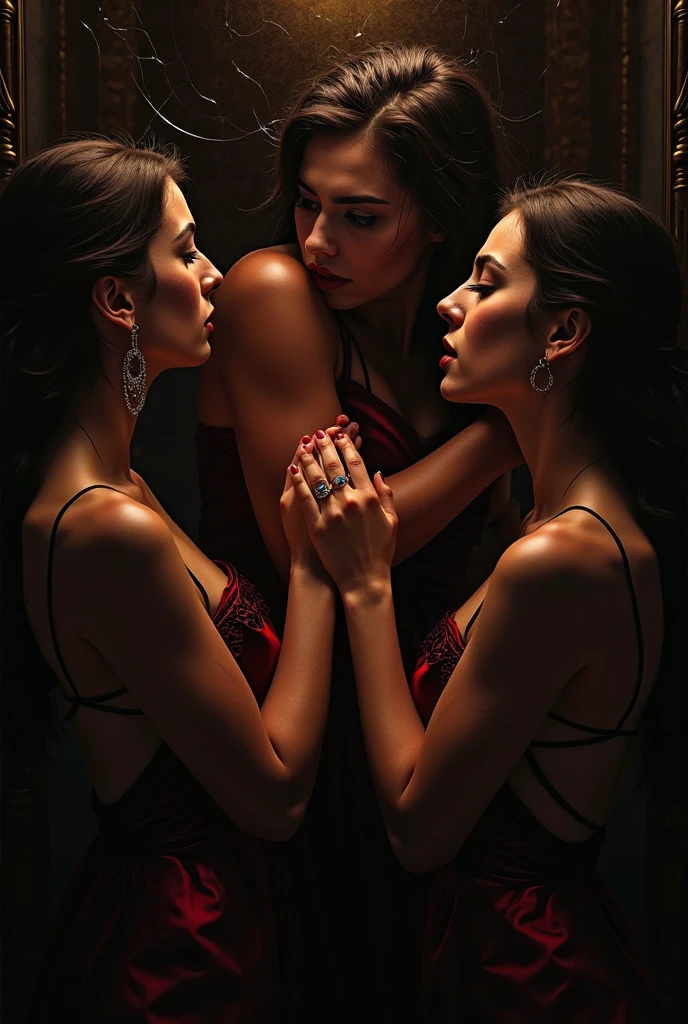 A group of courtesans in long black skirts having sex with a boy