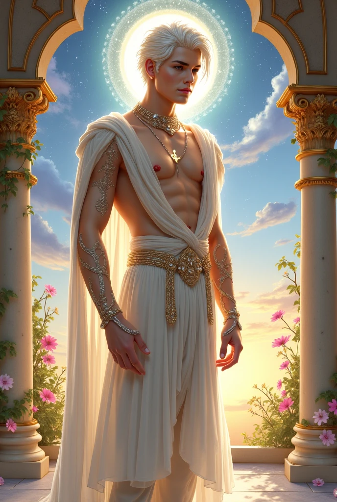 a young man, latino, slender, figure with divine proportions and realistically detailed musculature, very detailed feet, muscled legs, barefoot man, swimmsuit, masculine gaze, by Klimt paint in stone texture, Portrait, Floreal silk transparent dress whit jewels in art deco by vlop, Nicto Ngai, Klimt, Annigoni, Alphonse Mucha, Botticelli, Catrin welz-stein, Jean metzinger, Perfect eyes, Perfect handsface, Pearls necklace, Embossed foil relief, Highly detailed, Complementary colors, Hyper detailed. Watercolor and ink splatter, Dynamic pose, Dark floreal background, Broken glass effect, No background, Stunning, Mythical being, Energy, Molecular, Textures, Iridescent and luminescent scales, Breathtaking beauty, Pure perfection, Divine presence, Unforgettable, Impressive, Breathtaking beauty, Volumetric light, Auras, Rays, Vivid colors reflects