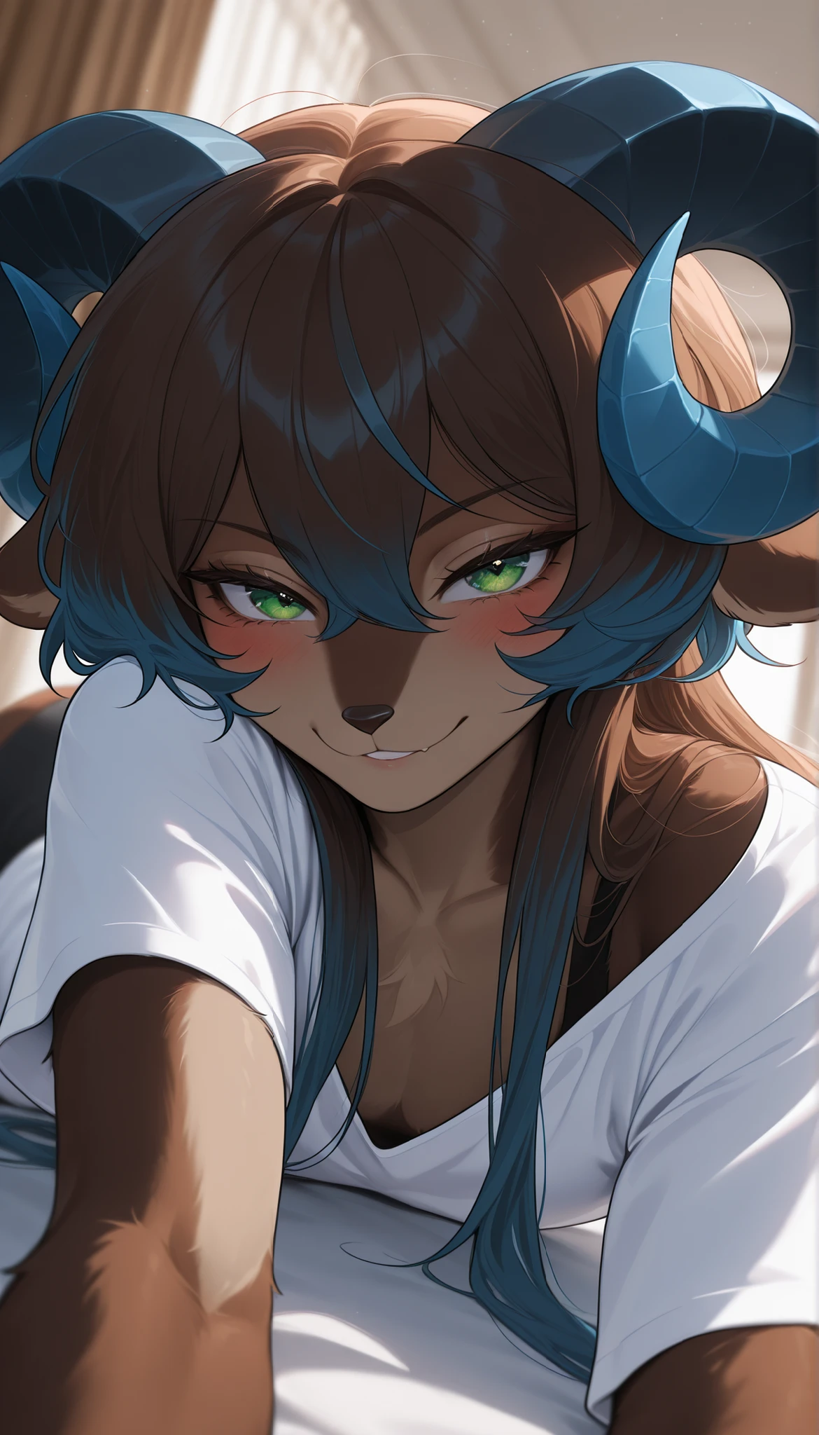 (masterpiece), (absurdres), (solo), (1girl), bpw, furry, (((blue curled horns))), flat chest, lying, on stomach, indoors, shirt, looking at viewer, naughty face, blush, ((brown fur)), two-tone-body, long black hair with blue tips on hair, blue highlights in hair,, green eyes, volumetric lighting