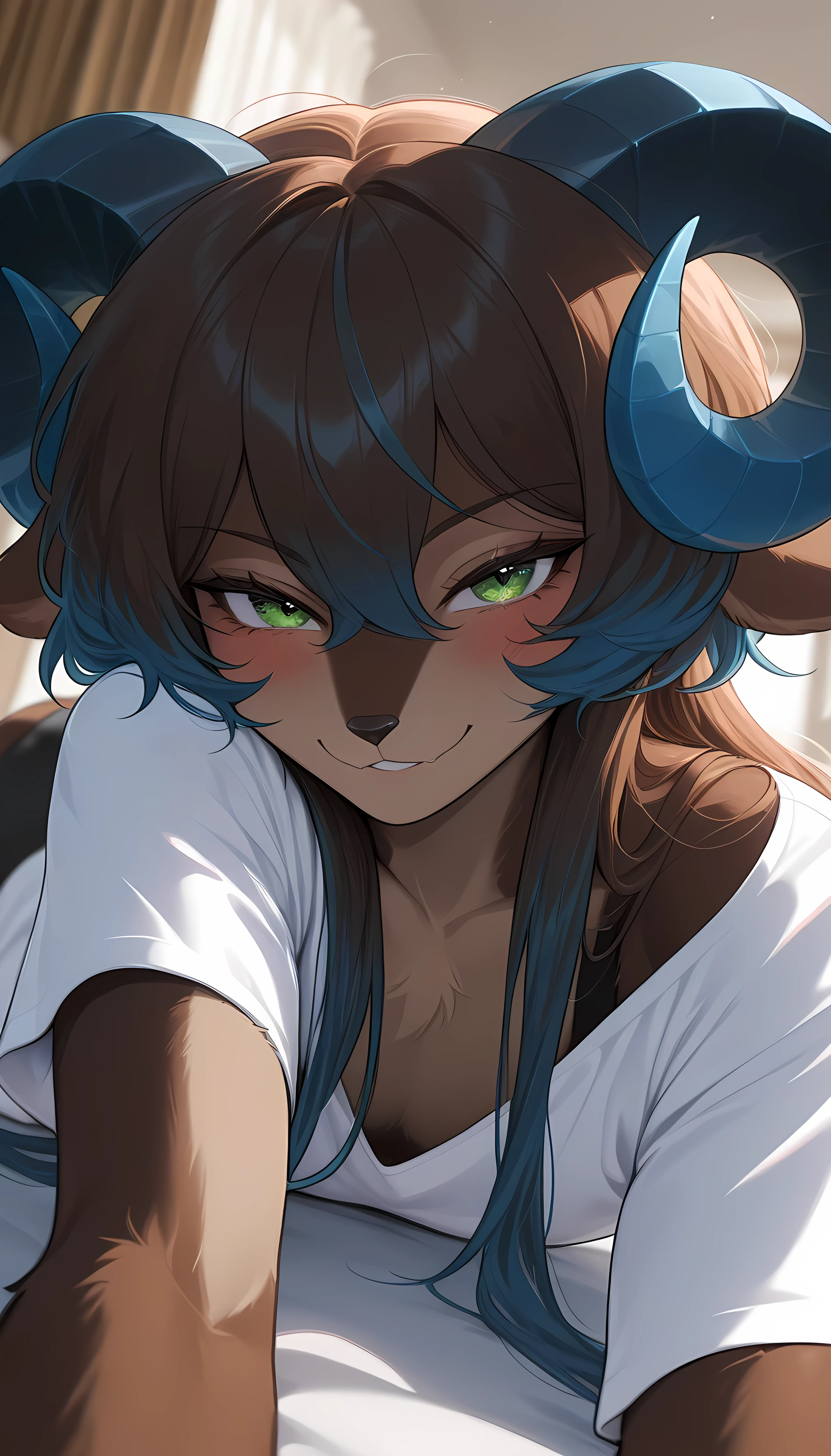 (masterpiece), (absurdres), (solo), (1girl), bpw, furry, (((blue curled horns))), flat chest, lying, on stomach, indoors, shirt, looking at viewer, naughty face, blush, ((brown fur)), two-tone-body, long black hair with blue tips on hair, blue highlights in hair,, green eyes, volumetric lighting