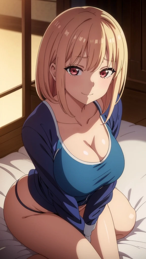 (best quality:1.5, highres, UHD, 4K, detailed lighting, shaders), blonde ponytail, smiling, large breasts, thighs, bikini, cleavage, sexy, erotic, lewd, open unzipped hoodie