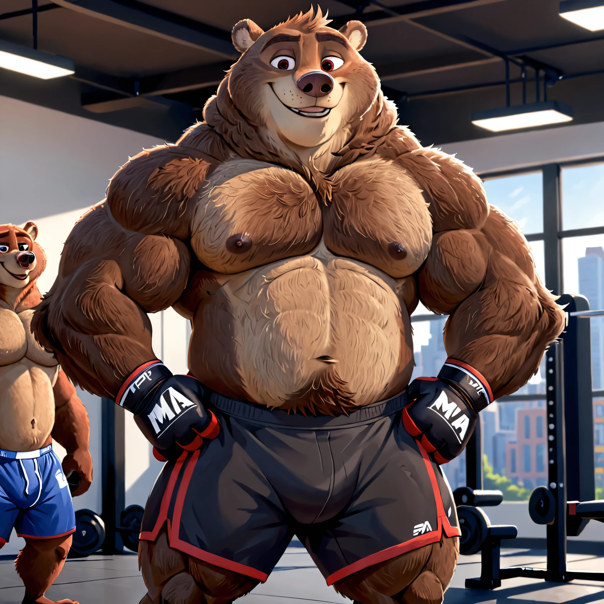 Zootopia, Disney, cartoon furry, furry, grizzly, brown fur, cute, thick huge muscular body, male, masculine, masculine body, bear, brown fur, muzzle, brown nose, black eyes, very thick, gym, smile, looking at viewer, gym, building, red eyes, stances, breathing hard, game face, shirtless, topless, black MMA shorts with red striped slits, MMA gloves with red knuckle pads, ankle support brace, fluffy hair tuft on chest, thick muscular build, legs spread, hand on hip, brow, 220cm (7’8), 254kg (424lbs)