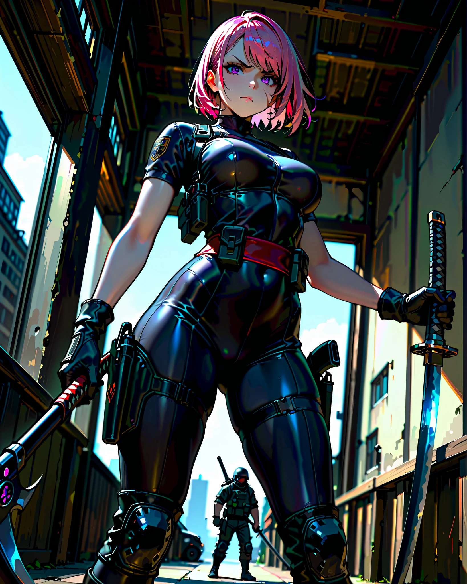 masterpiece, highest quality, 8k, solo, solo focus, highly detailed, (perfect face:1.1), (high detail:1.1), 1girl, ninja, mercenary, (holstered sword:1.2, katana:1.2) pink hair with red streaks, short hair, side-swept bangs, purple eyes, facial scar on right-side check, v-shaped eyebrows, furious expression, black bodysuit, midriff cutout, red sash on waist, short sleeves, black combat boots, black tactical gloves, tactical gear, knee pads, (holding scythe with shiny steel blade), hi tech building, indoors, depth of field, dutch angle, perspective, action illustration.