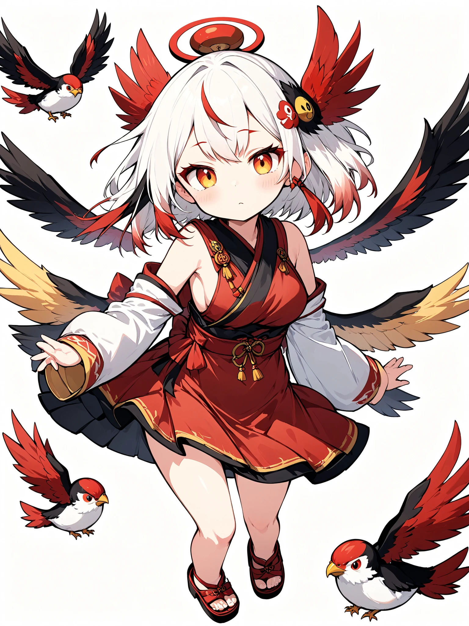 (anime:1.2),one girl、cute、Tengu girl、Sky Dog Decoration、tengu costume 、Tengu clogs、Tengu no Tsubasa、Red and black wings 、Red eyebrows、yellow porn、turime,boyish、Red Gradation on White Hair