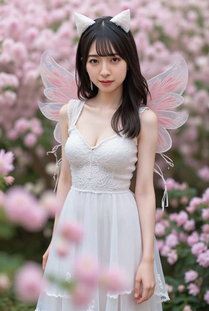 (((JPGND))), Masterpiece, Best Quality, (1girl), Ultra-realistic capture, Highly detailed, High resolution 16k, glossy skin, Skin should look healthy, realistic skin texture, Skin texture must be natural, (((whole body, Height is 10cm, (round face:1.3), short bob cut, dark brown eyes, thin lips, thin eyebrows, natural saggy big breast:0.7))), A tinker bell with two wings plays in the stream near the flower garden., ((blue eyes))), (((twin bun pink hair))), ((Dress Specifications(pink color, See-through, off shoulder))) , Walks on water because it flies with wings