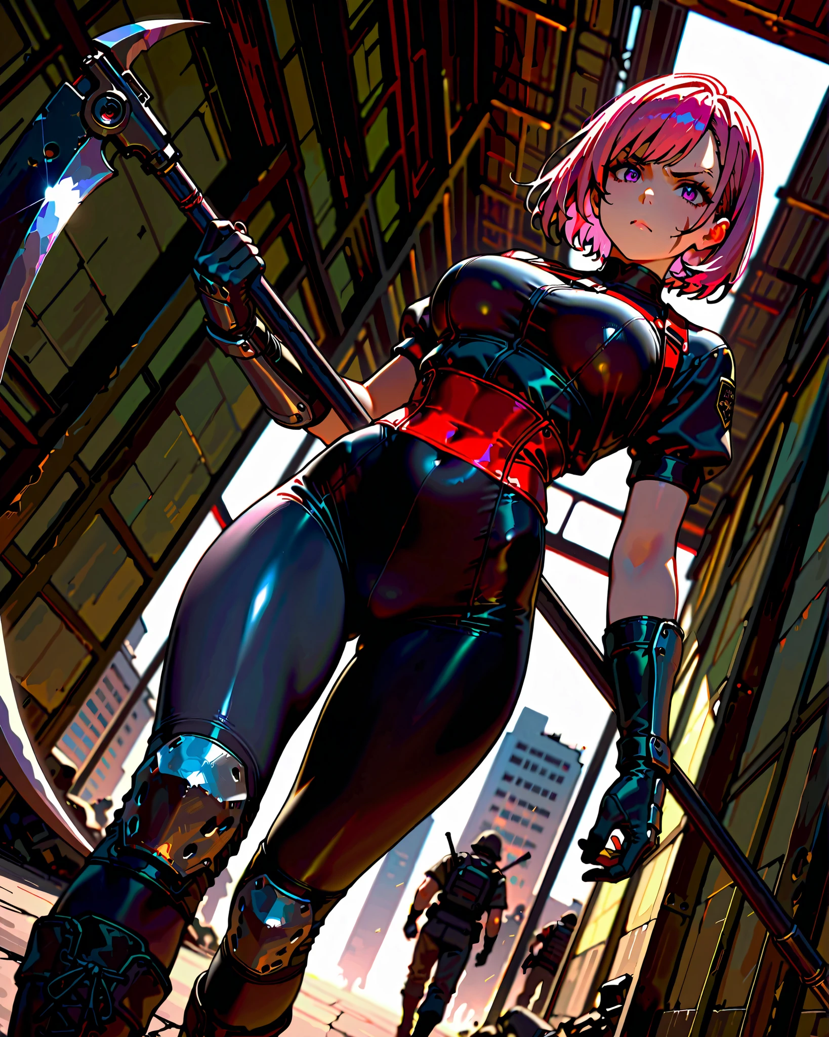 masterpiece, highest quality, 8k, solo, solo focus, highly detailed, (perfect face:1.1), (high detail:1.1), 1girl, ninja, mercenary, pink hair with red streaks, short hair, side-swept bangs, purple eyes, facial scar on right-side check, v-shaped eyebrows, furious expression, black bodysuit, midriff cutout, red sash on waist, short sleeves, black combat boots, black tactical gloves, tactical gear, knee pads, (holding scythe with shiny steel blade), hi tech building, indoors, depth of field, dutch angle, perspective, action illustration.