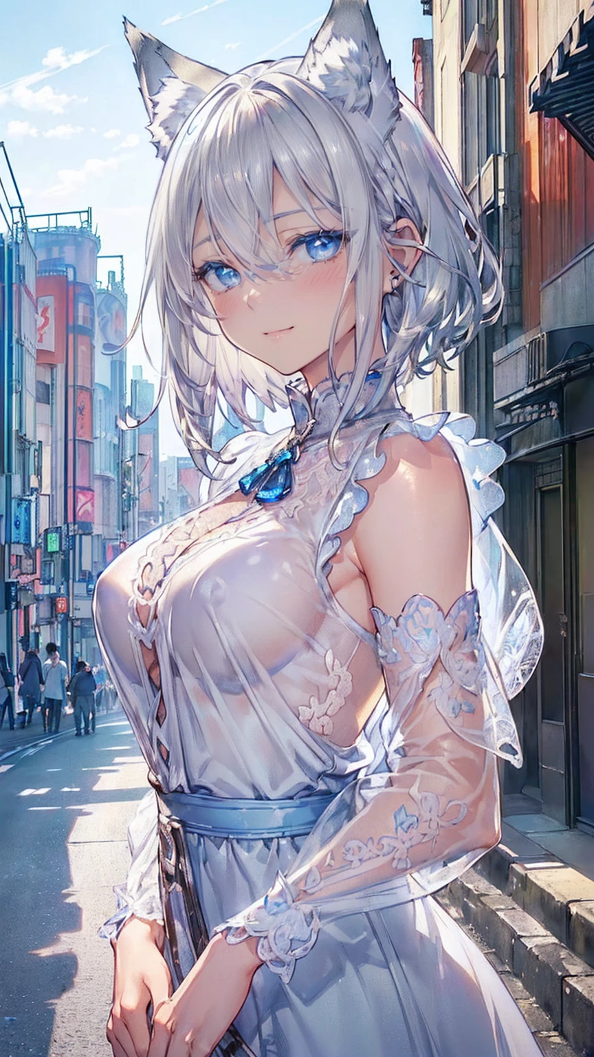(((Masterpiece))), (((Highest quality))), ((Ultra-detailed)), ((Super fine illustration)), ((Ultra-fine painting)), (16K highest quality wallpaper:1.4), (Upper body:1.6), HDR, (Highly detailed and delicate illustration style:1.8), Detailed skin texture, Detailed cloth texture, Extreme detailed description, (Highly detailed face:1.4), (Highly detailed silver fox ears:1.2), (Highly beautiful and detailed short hair:1.2), (Highly beautiful and detailed blue eyes:1.2), Original, Intricate details, Super details, (Perfect anatomy:1.4), (Highly detailed hands:1.2), (Highly detailed fingers:1.2), (Highly detailed fingertips:1.2), (Sexy), (Sexy), (18-years-old:1.4), (Solo:1.6), ((A very beautiful and cool boyish fox model with silver fox ears:1.4)), Beautiful and adorable silver fox ears:1.6), (Highly detailed and delicate silver fox ears:1.2), (Beautiful and well-shaped big breasts:1.2), (Beautiful and well-shaped buttocks), (Beautiful and shiny rainbow-colored short hair, colorful short hair:1.4), (Highly detailed and delicate silver short hair:1.4), (Beautiful and clear blue eyes:1.5), (Highly detailed and delicate blue eyes:1.2), (Highly detailed face:1.4), (Smile:1.5), (Blush:1.3), (Looking at viewer:1.4), (Dynamic pose:1.2), (Walking:1.4), ((Very beautiful and cool casual boyish outfit:1.4)), ((Highly detailed and beautiful streets of European capitals in the background just after noon:1.6), (Just after noon:1.4), Very detailed and delicate streets of European capitals:1.2), (NSFW) 