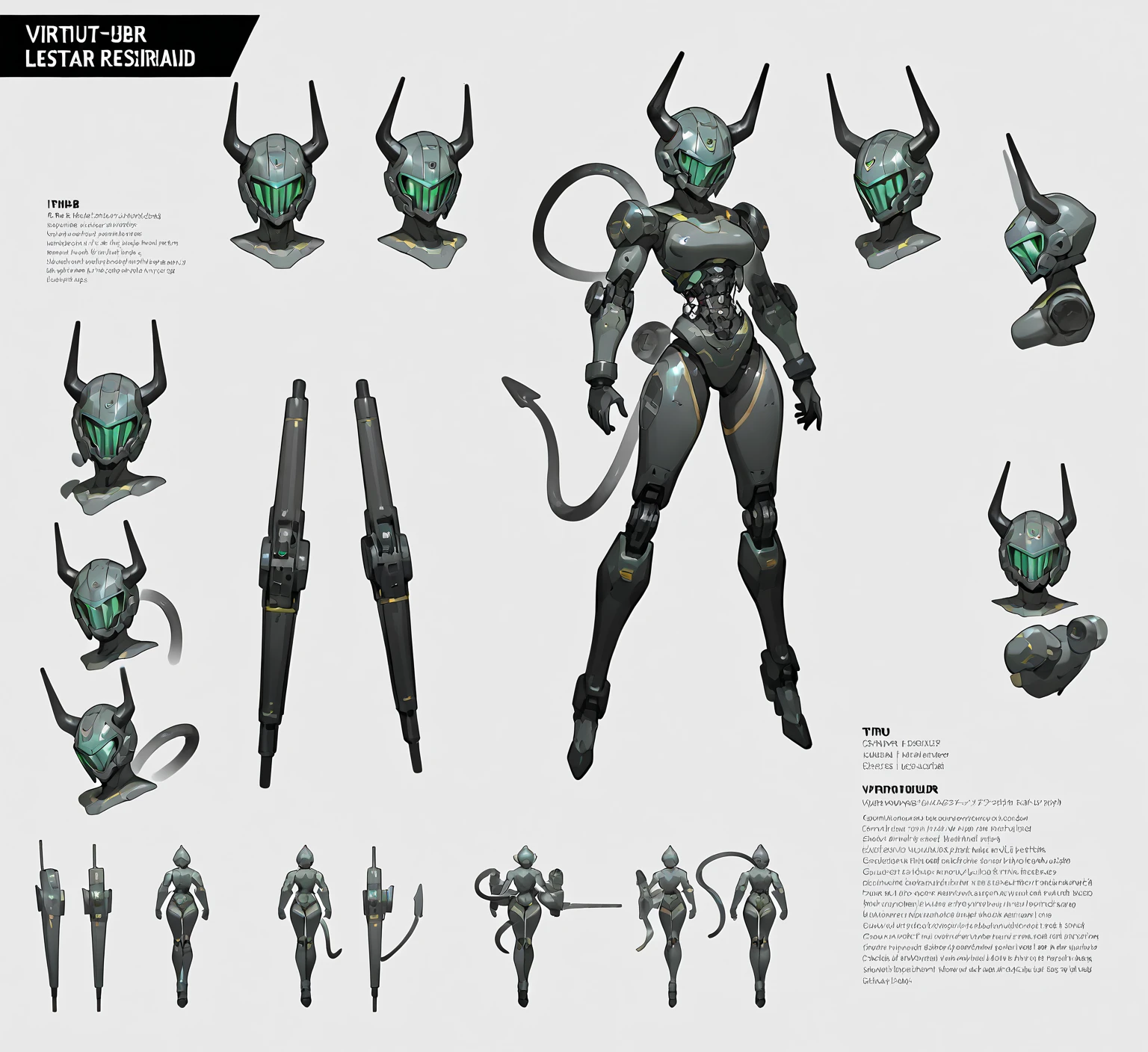 anime, flat color,
full body character turnaround of the robot, Multiple views of the same robot in the same outfit,
white background, simple background,
sci-fi, alien, armor, humanoid robot, cybernetic, exoskeleton, combat gear, mechanical, advanced technology, sleek design, high-tech weaponry, metallic finish, futuristic, armored suit, robotic, 1girl, weapon, gun, horns, bodysuit
 <lora:wfMergedTurnXL:0.75>
<lora:CharTurnXLRetag_v4:0.25>