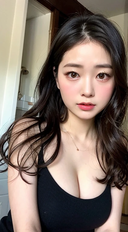 Bedroom Black Hair long hair Prone Cleavage Selfie Lie down Face is close Lie Loungewear On the futon On the bed Press against chest Camera close Emphasize the chest night indoor One Girl