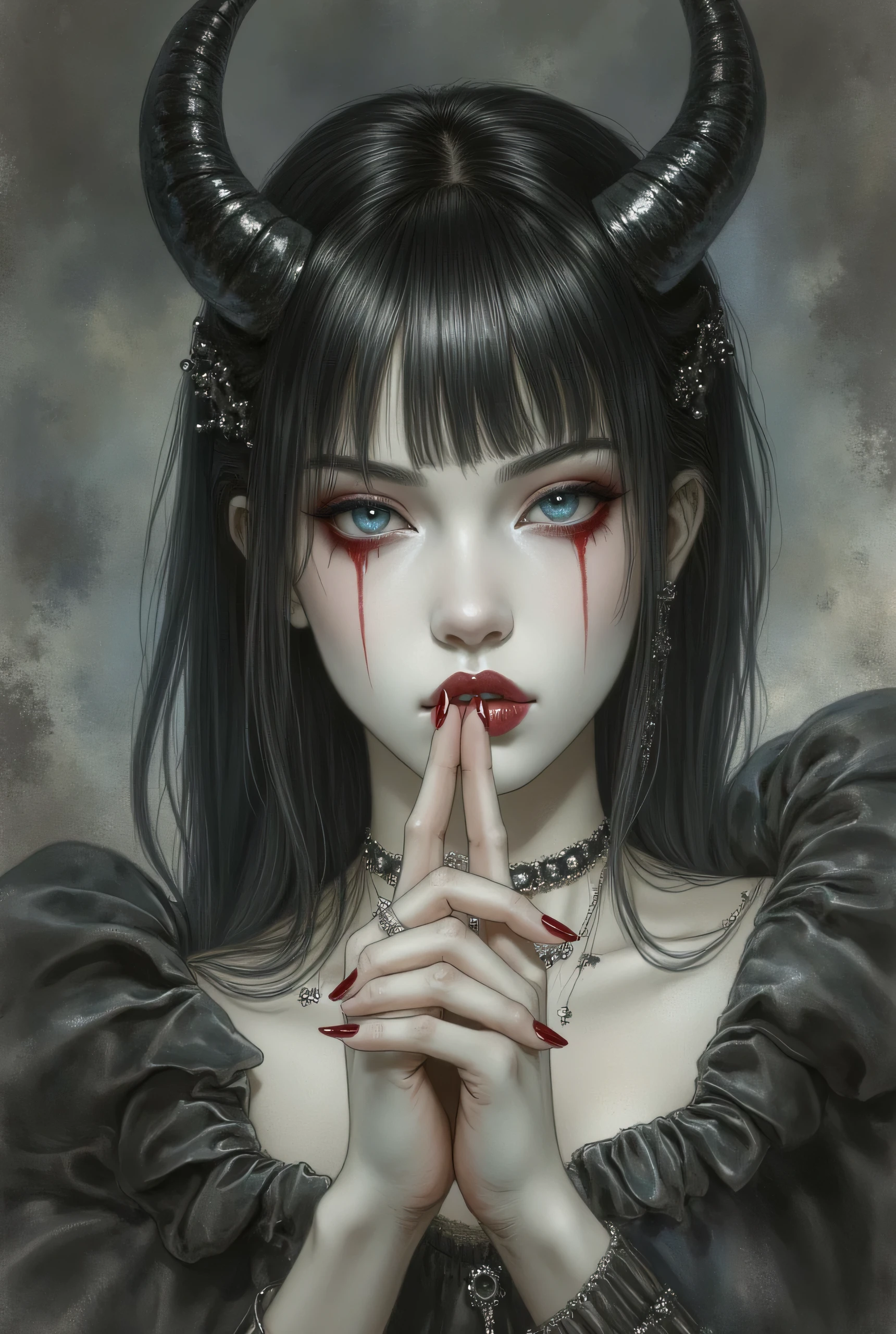 Woman with straight black hair, Natural blue eyes and pale skin, lips were open and painted wine red, her hair with medium black horns, hands making a gesture of silence,dark drawing style