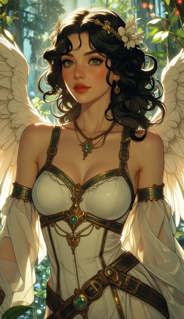 Stained glass, beautiful vintage pinup woman,open angel wings,alphonse mucha style,Intricate flowery background