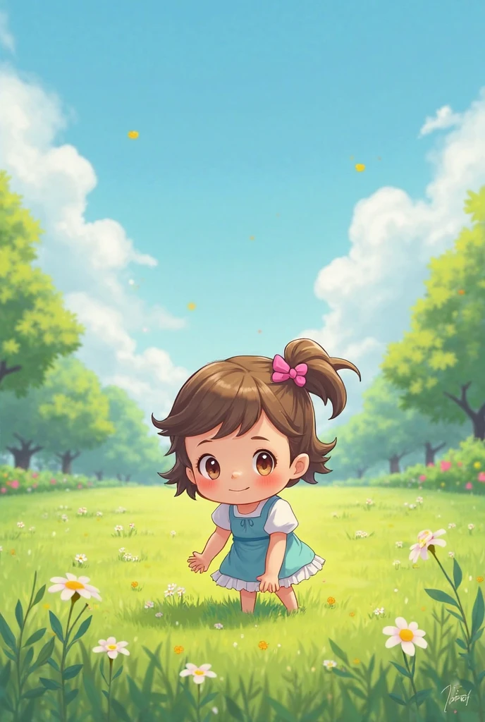 Tip: A very charming little girl with a backpack and her cute puppy enjoying a lovely spring outing surrounded by beautiful yellow flowers and nature. The illustration is a high-definition illustration in 4k resolution, featuring highly detailed facial features and cartoon-style visuals.